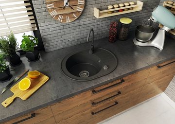 manestein Granitspüle Cari Granit Küchenspüle mit Schwarz Armatur und Siphon 60x47cm, Rund, 60/16 cm, mit Abtropffläche