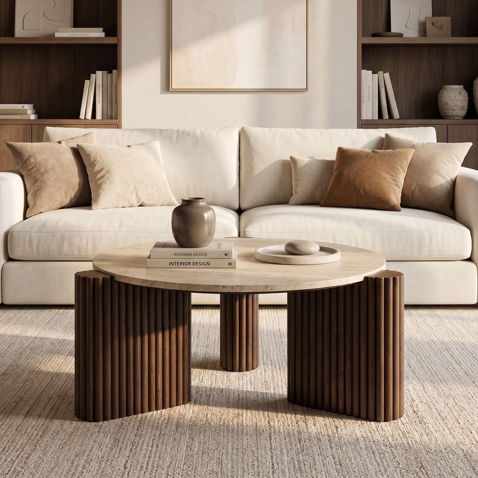 IDIMEX Couchtisch VAPI, Beistelltisch rund 80 cm aus Travertin und Mangoholz Braun/Beige