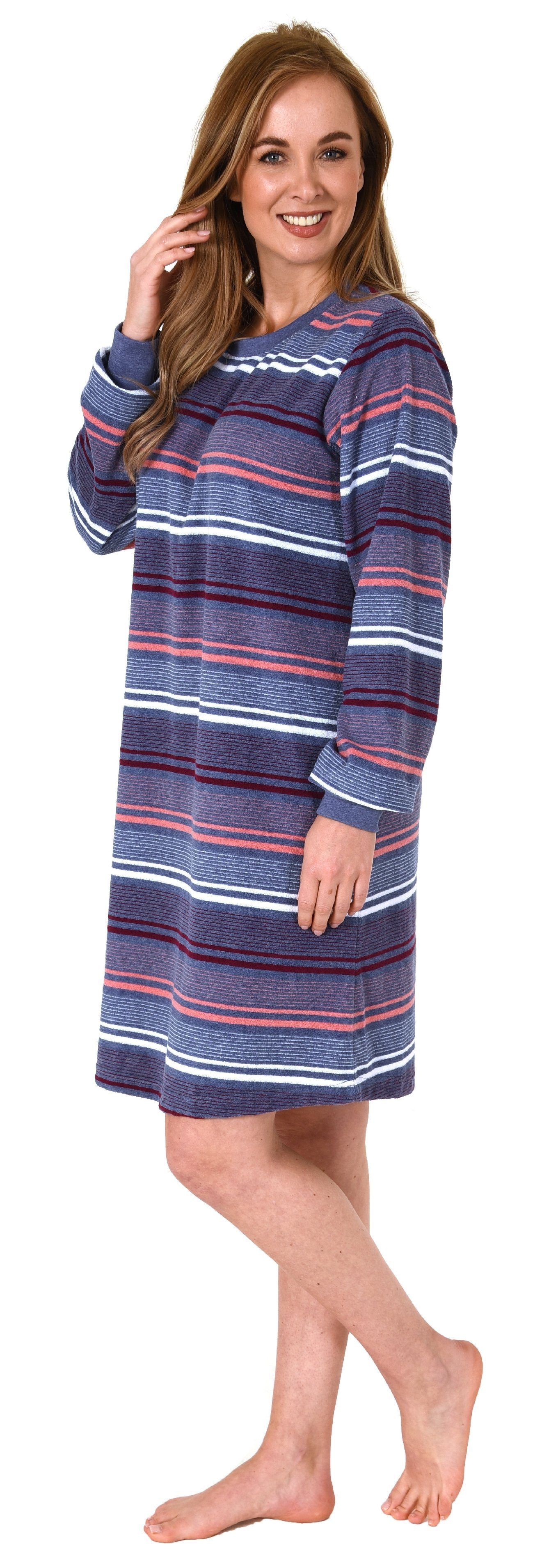 Normann Nachthemd Damen Frottee Nachthemd - auch Übergrößen blau-melange mit Bündchen in