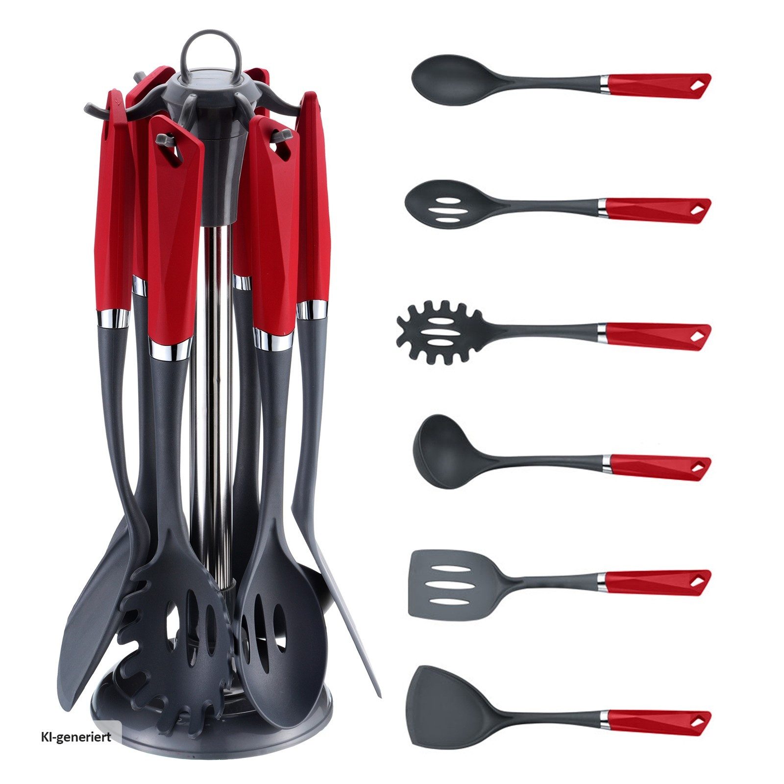 Michelino Kochbesteck-Set Küchenhelfer 7-teilig (7-tlg., 6 verschiedene Kochlöffel und 1 Ständer), Spaghettiheber, Schöpfkelle, Pfannenwender, Servierlöffel