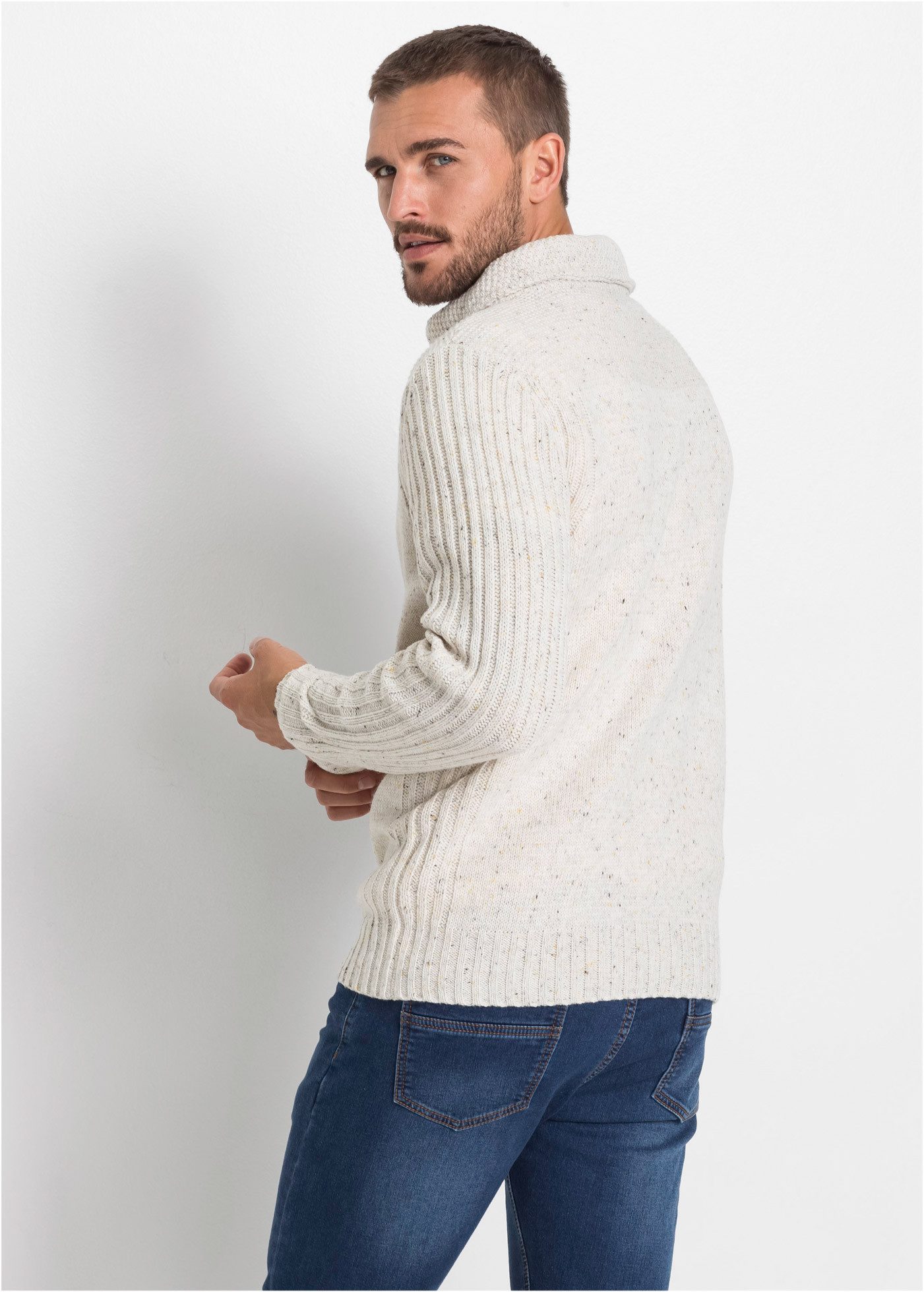 bonprix Strickpullover mit Schalkragen und Knopfverschluss, Langarm