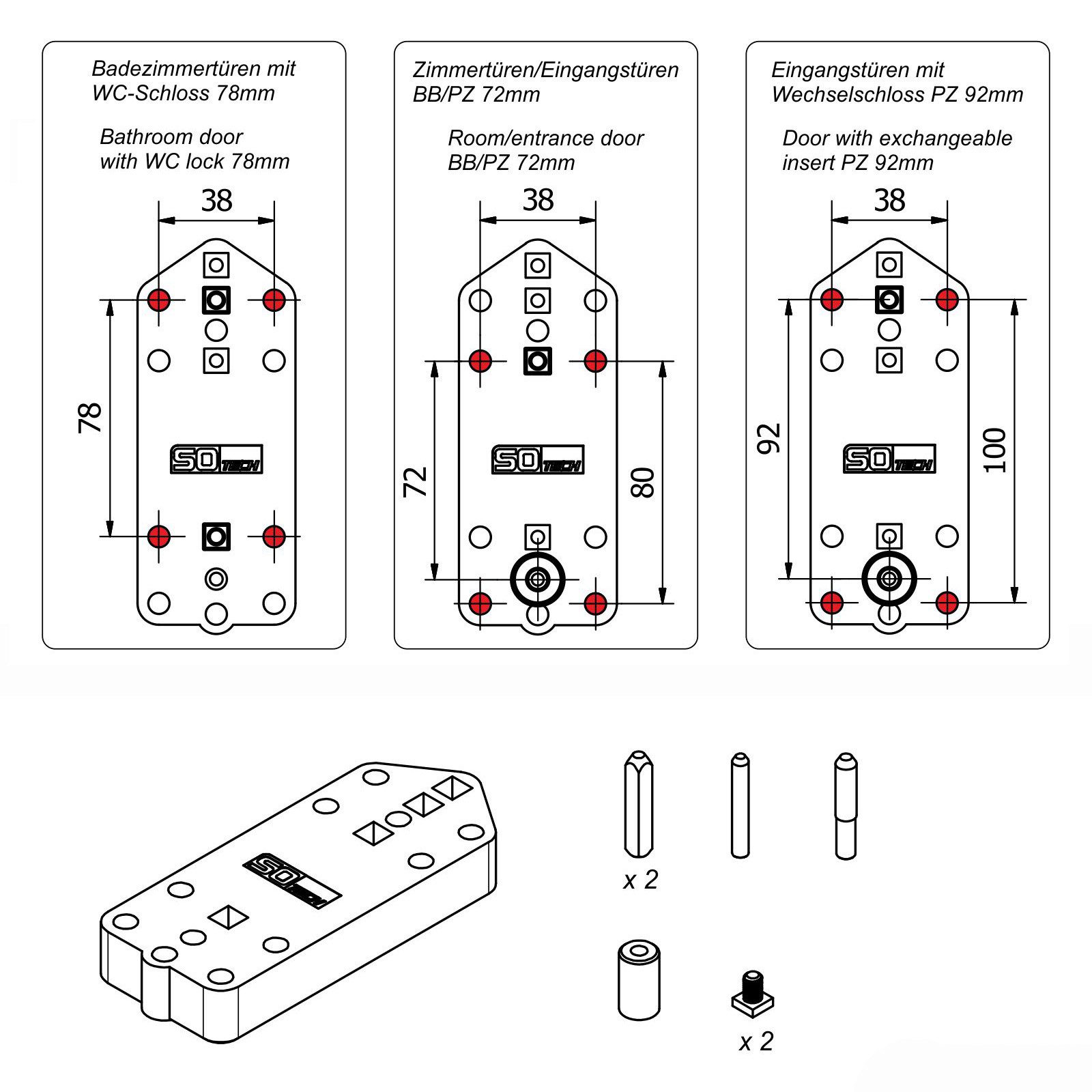 SO-TECH® Bohrlehre für Türdrücker mit Rosettengarnitur (mit 72, 78, 92 mm Entfe, 1-tlg., für Türen mit Buntbart, Profilzylinder, WC & Wechselschloss – Bild 5 von 5