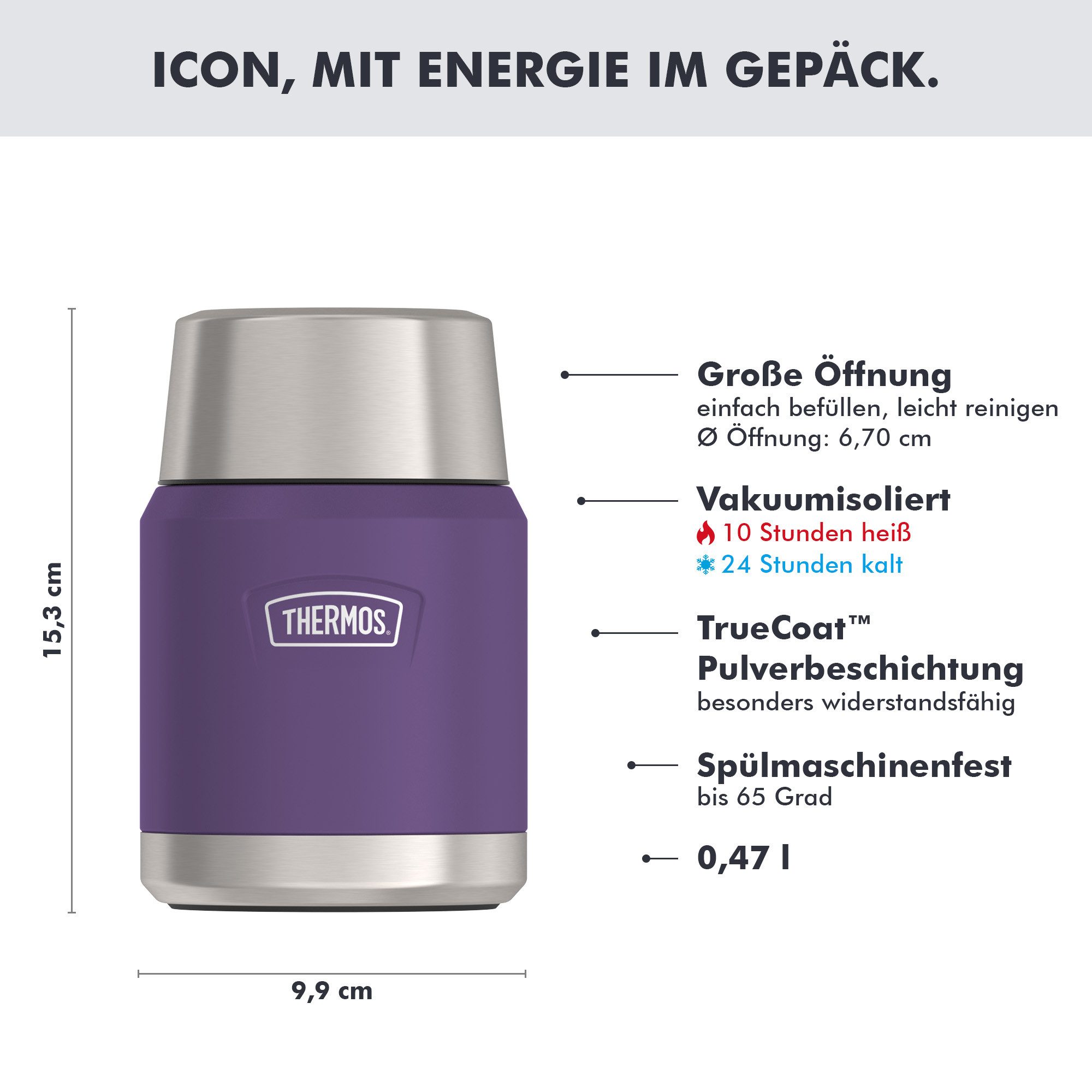 THERMOS Thermobehälter ICON FOOD JAR, Thermobehälter für Essen, spülmaschinenfest, Edelstahl, Kunststoff, Silikon, (1-tlg), 0,47l, 10h heiß & 24h kalt, dicht &  – Bild 2 von 5