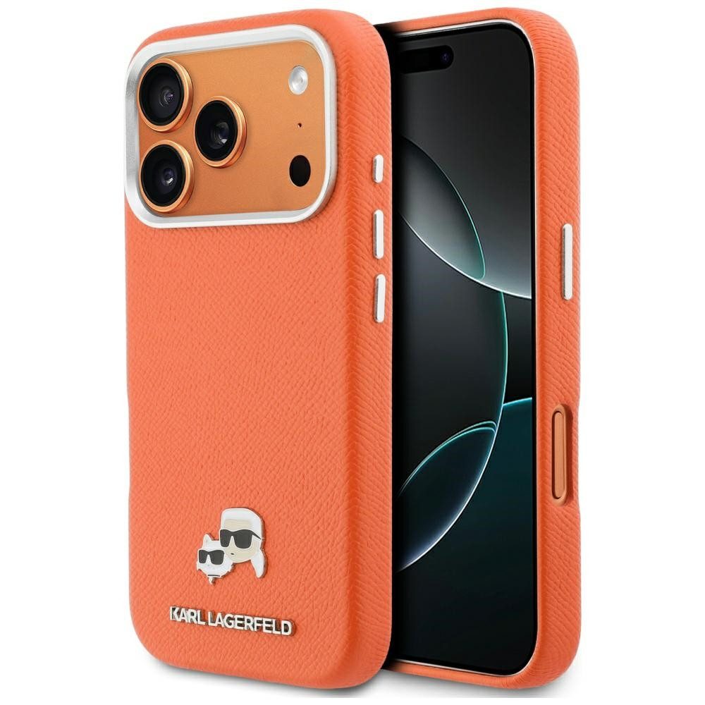 KARL LAGERFELD Handyhülle iPhone 17 Pro Kunstleder orange MagSafe Logo Metall Figuren 6,3 Zoll, Kantenschutz