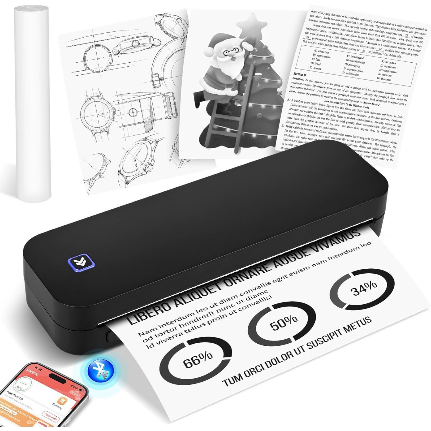 AIMAX Thermodrucker Mobiler A4 Drucker Wireless Bluetooth Handy Printer mobiler Drucker, (Nur Thermopapie Tragbarer Drucker Kompatibel mit Phone, Laptop)