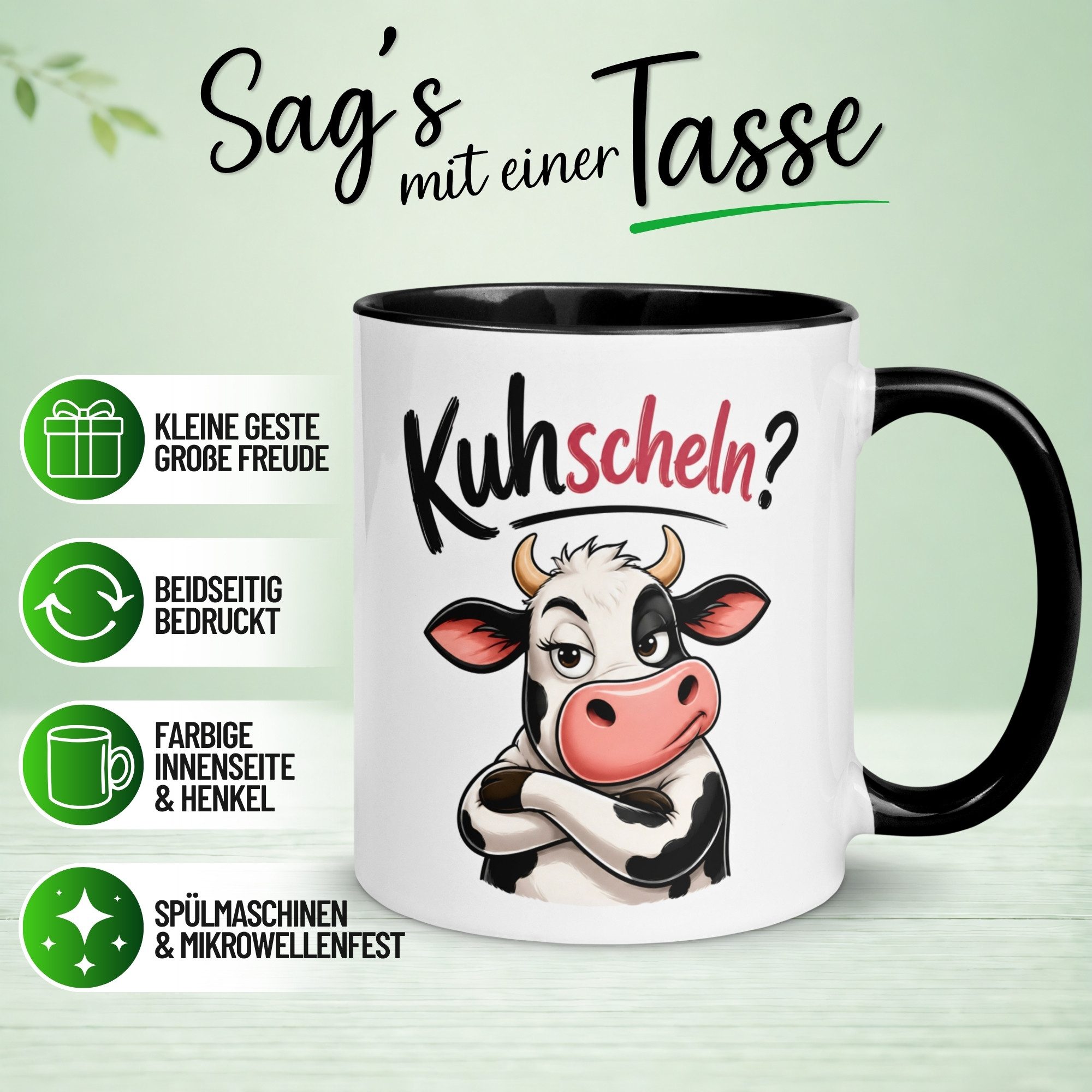 Momentals Tasse Kuh – „Kuhscheln?“ – lustiges Ich liebe Dich Geschenk, Gratis Versand · Links-&Rechtshänder · Spülmaschinenfest