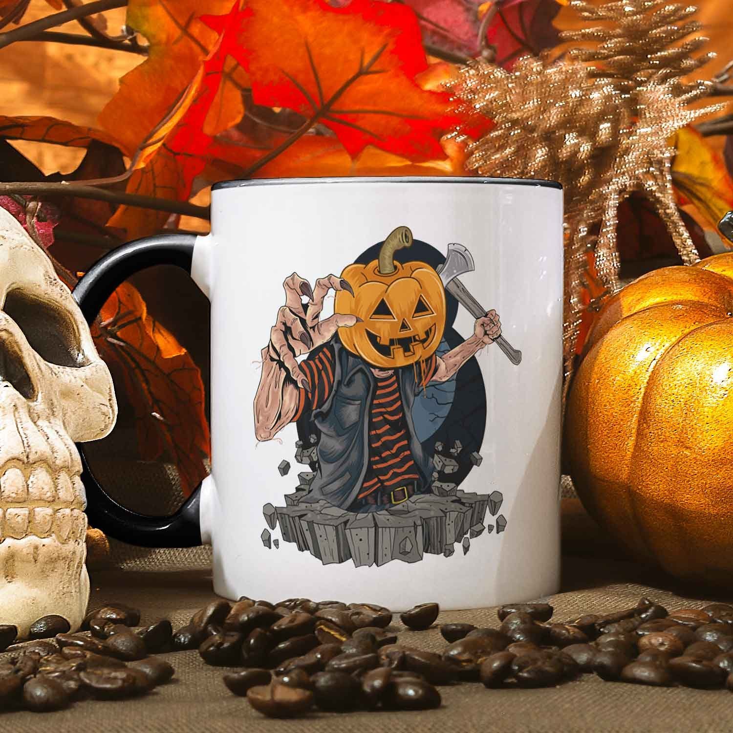 GRAVURZEILE Tasse mit Motiv im Kürbis Zombie Design, Keramik, Farbe: Schwarz & Weiß