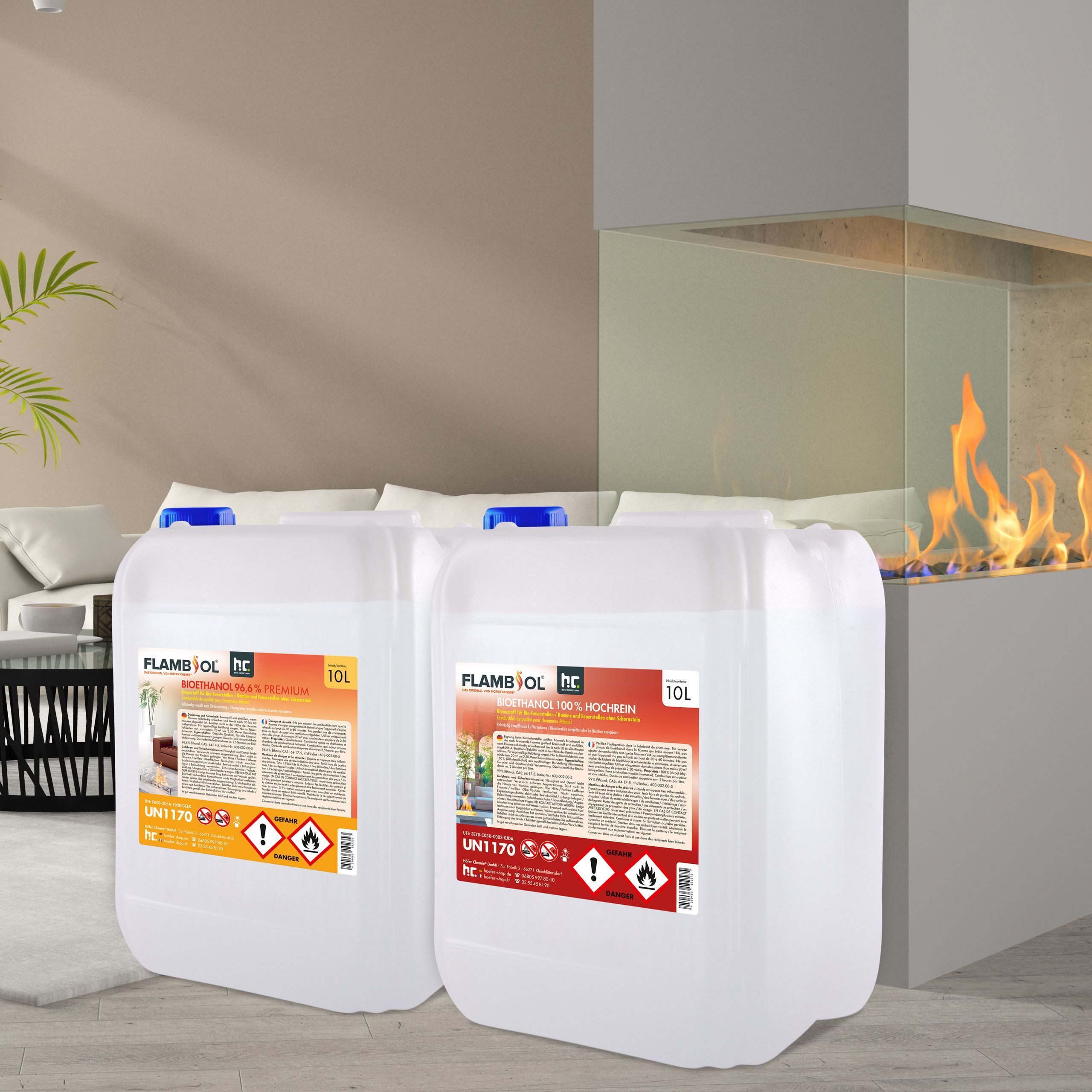 Höfer Chemie GmbH Bioethanol 2 x 10 L Probierset FLAMBIOL® Bioethanol, 20 l, (1-St), Saubere Verbrennung, geruchs- und rußfrei