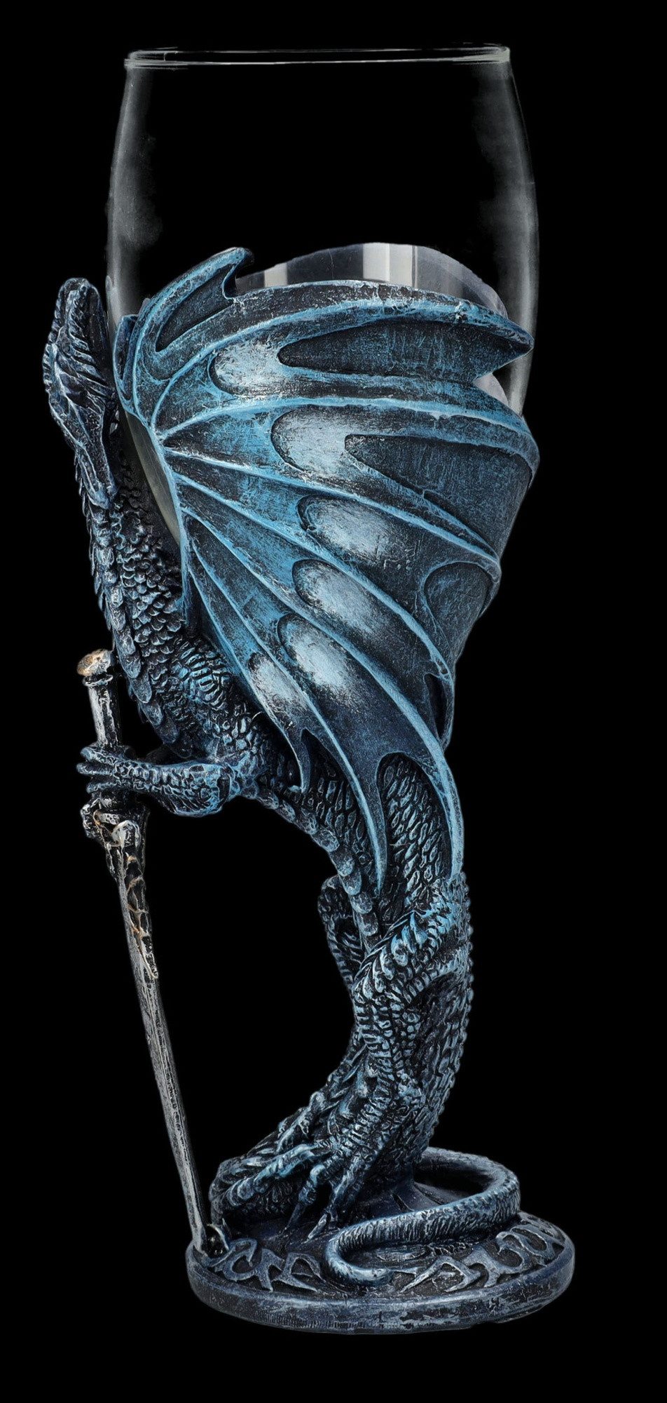 Figuren Shop GmbH Becher Glas Kelch Drache - Sea Blade - Weinkelch Fantasy Drachenfigur Deko, Kunststein (Polyresin), Glas