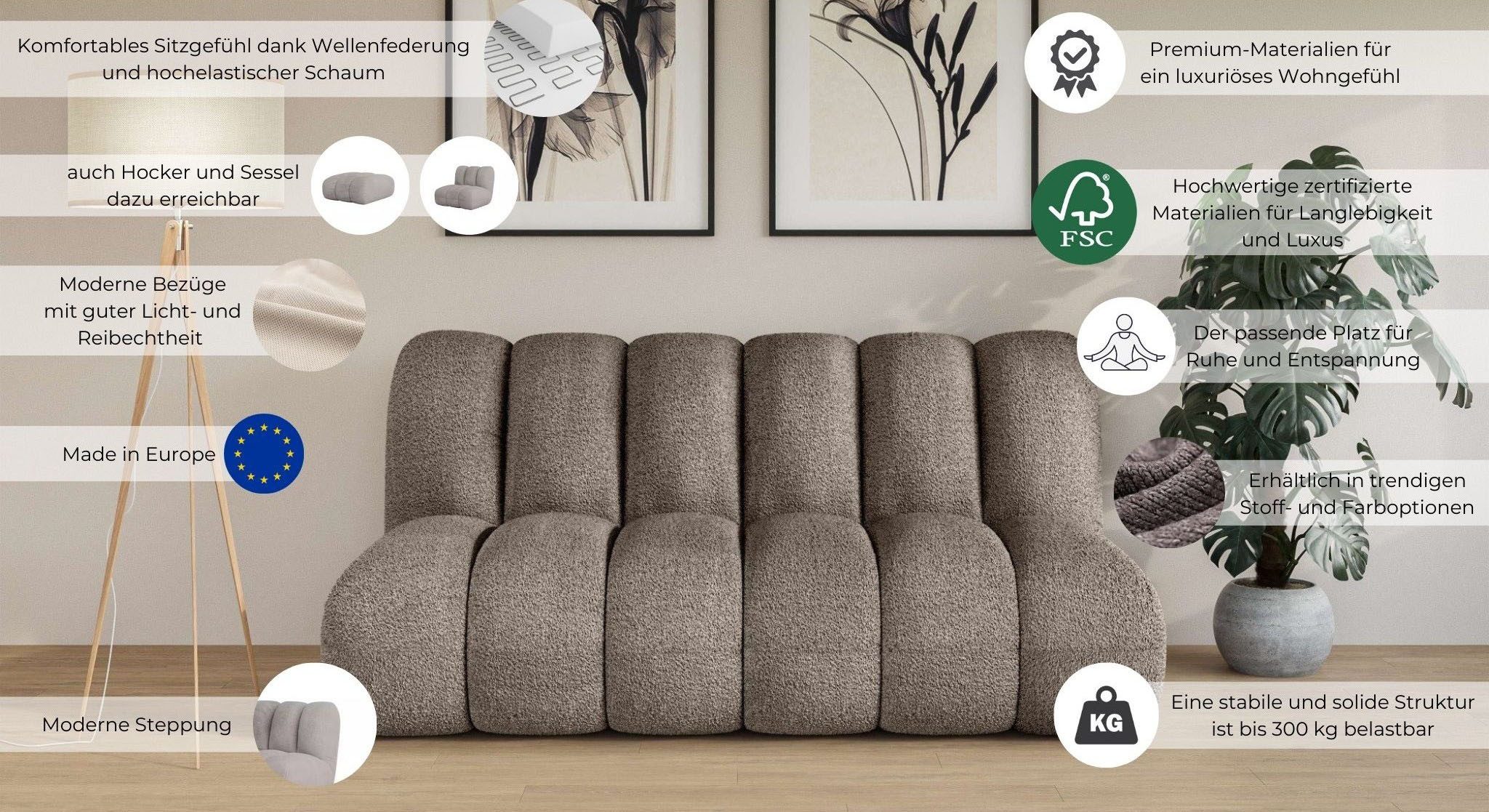 LeGer Home by Lena Gercke 2,5-Sitzer Priya Designersofa, moderne Steppung, auch in Bouclé, gemütlich und modern, B/T/H: 185/108/84 cm