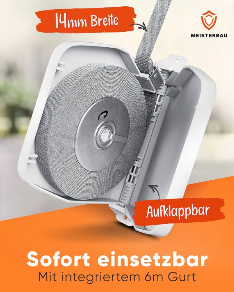 Meisterbau Aufputz-Gurtwickler Gurtwickler mit Gurt, Gurtbreite 14 mm, 1-tlg., Made in Germany, mit eingebautem 6-m-Gurt, 180° schwenkbar – Bild 3 von 5