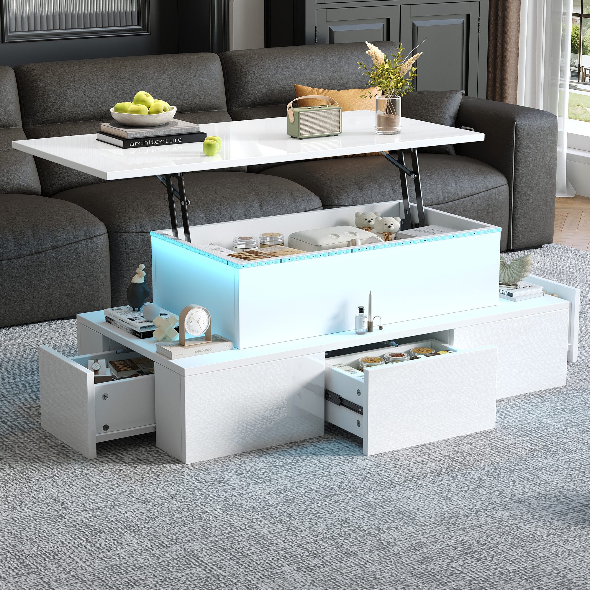 Merax Couchtisch Sofatisch mit LED-Beleuchtung, USB-Anschluss & Hochglanz-Oberfläche (Beistelltisch, 1-St., 100 x 50 x 40 cm), Wohnzimmertisch mit 4 Schubladen, verstecktem Stauraum & Liftfunktion