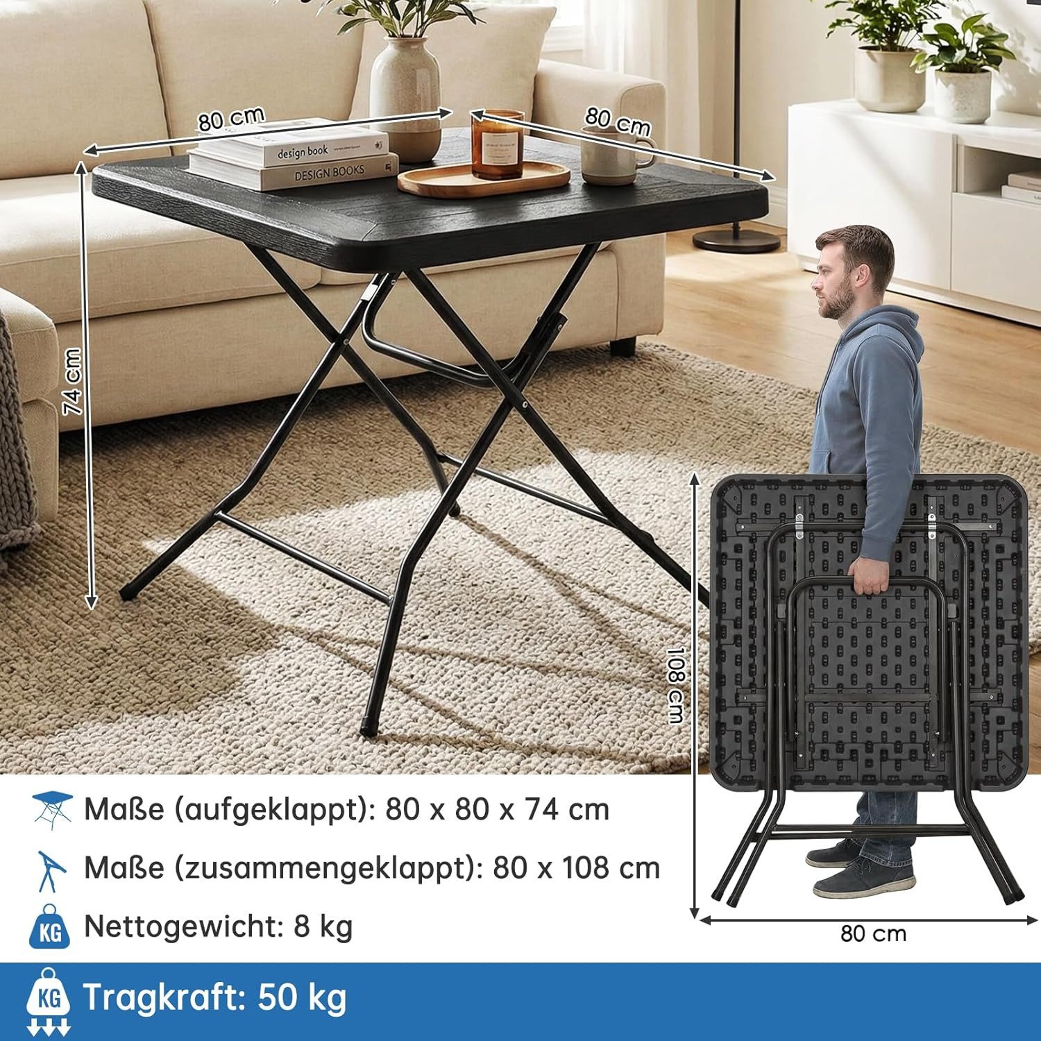 TLGREEN Gartentisch Buffettisch Klappbar 80*80*74cm (Holz-Optik Balkontisch mit Stahlrahmen, Wetterfest Campingtisch, Tragbarer Klein Esstisch), für Garten, Terrasse, Picknick & Party, Hohe Stabilität