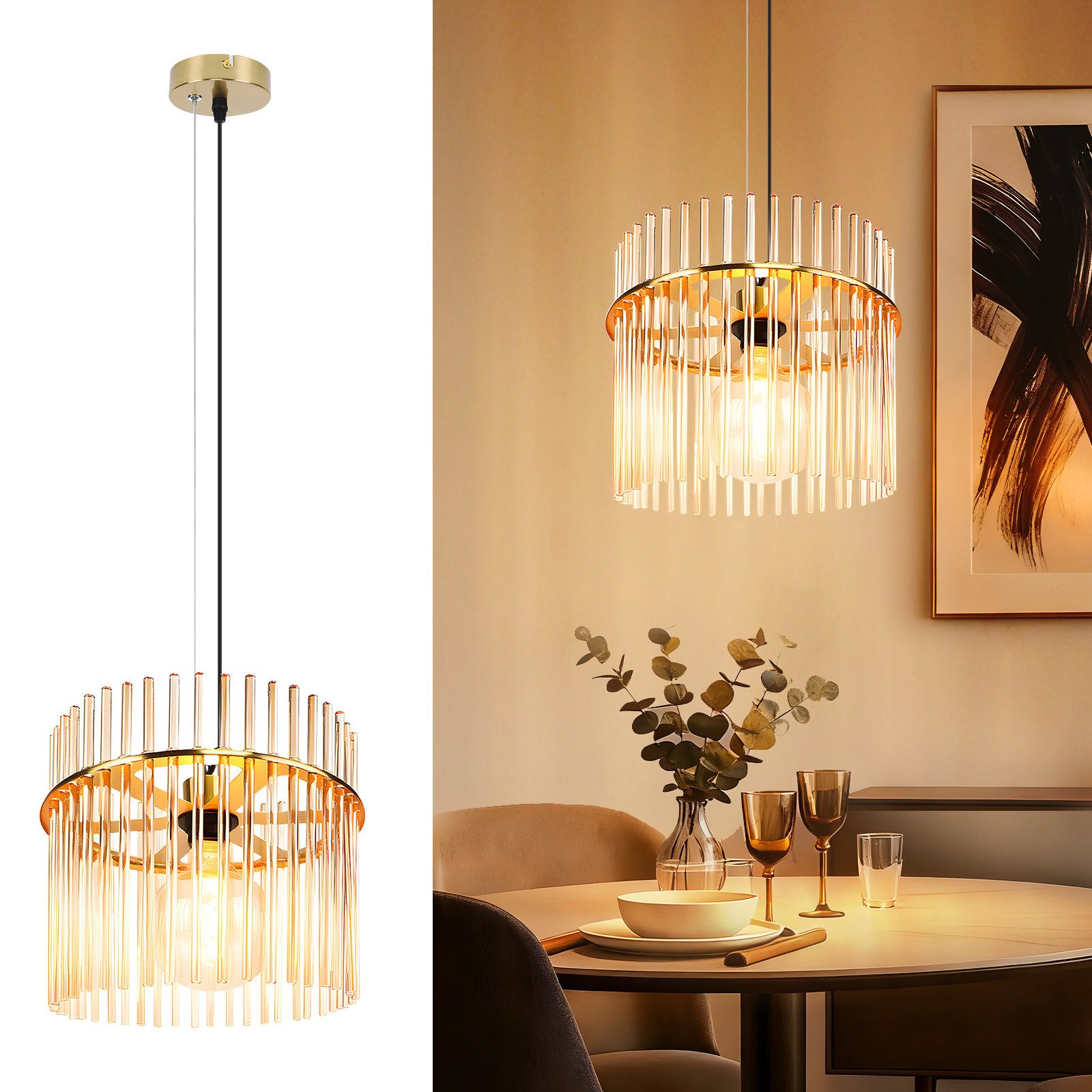 ZMH Pendelleuchte Glas, 1-flammige Esstischlampe E27, höhenverstellbare Hängeleuchte, ohne Leuchtmittel, für Esszimmer, Küche und Schlafzimmer