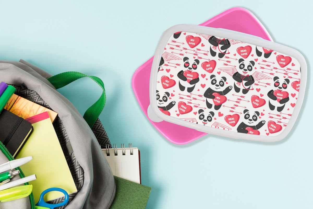 MuchoWow Lunchbox Panda - Liebe Mädchen, Brotdose Kinder, Kunststoff für Brotbox Snackbox, Beziehung, - rosa Erwachsene, Kunststoff, (2-tlg)