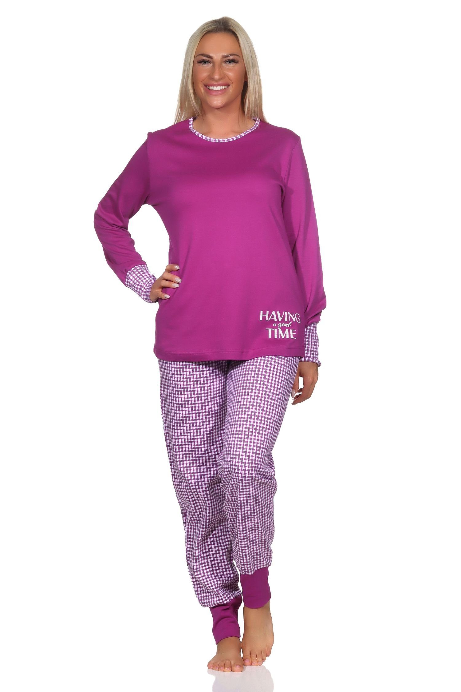 in Qualität Bündchen mit Interlock Normann Kuschel Schlafanzug lila Normann Damen Pyjama