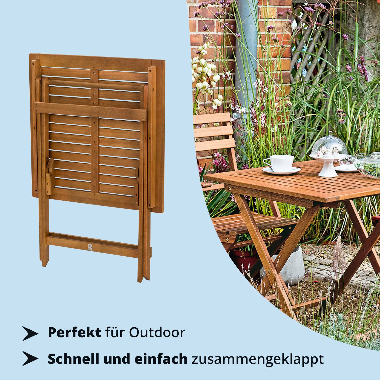 KHG Klapptisch Gartentisch 70x70 cm, klappbar, bis 75 kg belastbar (Outdoor-Tisch), aus Eukalyptus-Holz, zum Schutz geölt, FSC-Zertifiziert