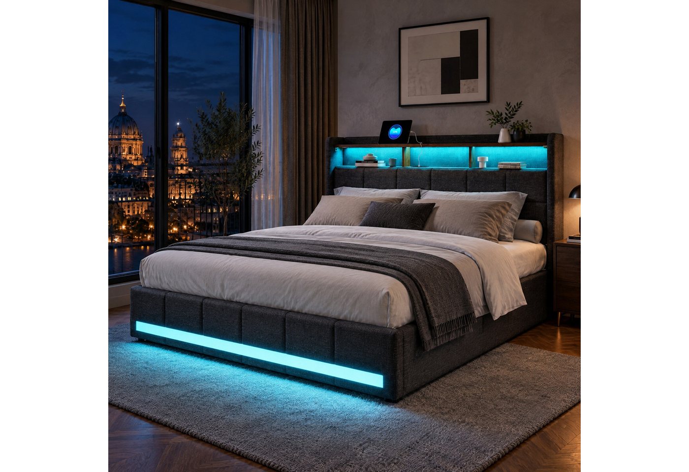 Furnishings Home Polsterbett LED Doppelbett Stauraumbett mit Kopfteil und 4 Schubladen (Leinenmaterial Polsterbett mit RGB Beleuchtung, 160x200cm), mit Lattenrost und Ladefunktion, mit Komforthöhe, Leises Design Bett