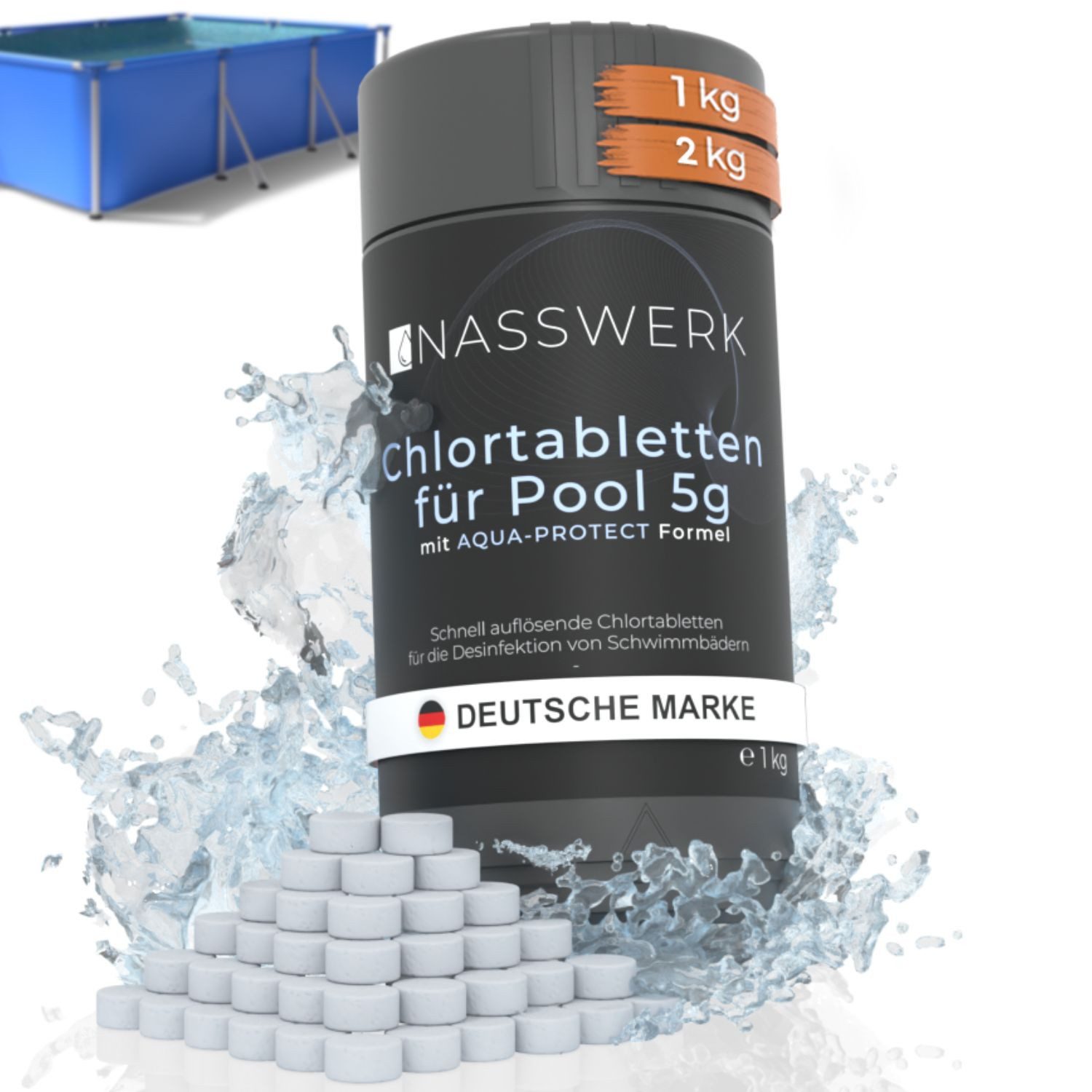 Nasswerk® Chlortabletten Chlortabs - 5g schnelllöslich, 5g Mini Chlortabletten 1kg – schnell löslich für Pool & Whirlpool