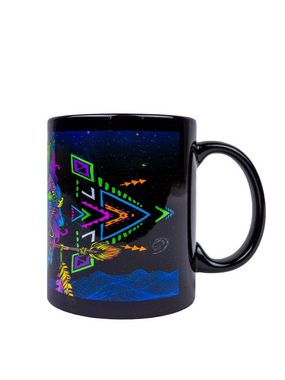 PSYWORK Tasse Fluo Cup Neon Motiv Tasse "Sentymo Wolf", Keramik, UV-aktiv, leuchtet unter Schwarzlicht