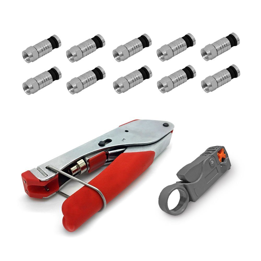 ARLI Crimpzange ARLI Kompressionszange + Abisoliermesser + Stecker 7 - 7,5 mm, 10-tlg., TV Sat Antennen Kabel Koaxialkabel Stecker