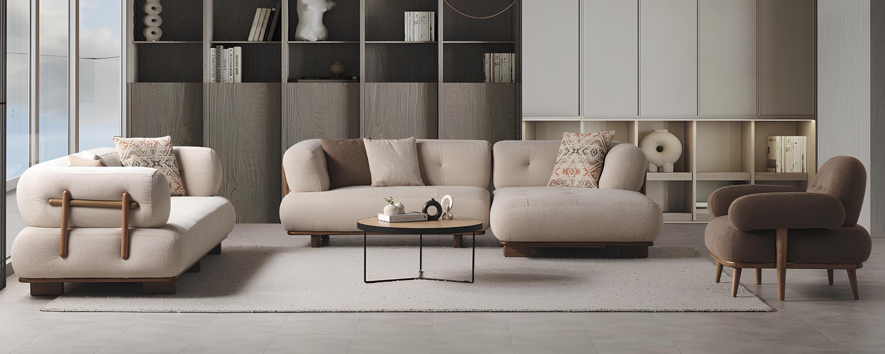 JVmoebel Sofa 3-Sitzer-Sofa mit Ecksofa in Beige und braunem Sessel mit Holzrahmen, 3 Teile, Couch