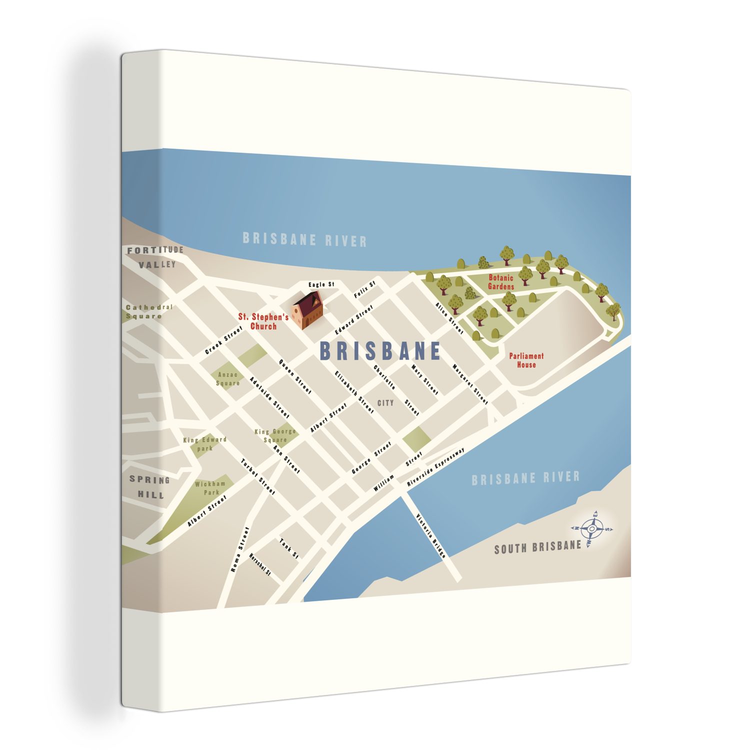OneMillionCanvasses® Leinwandbild Ein Stadtplan von Brisbane in Australien, (1 St), Leinwand Bilder für Wohnzimmer Schlafzimmer