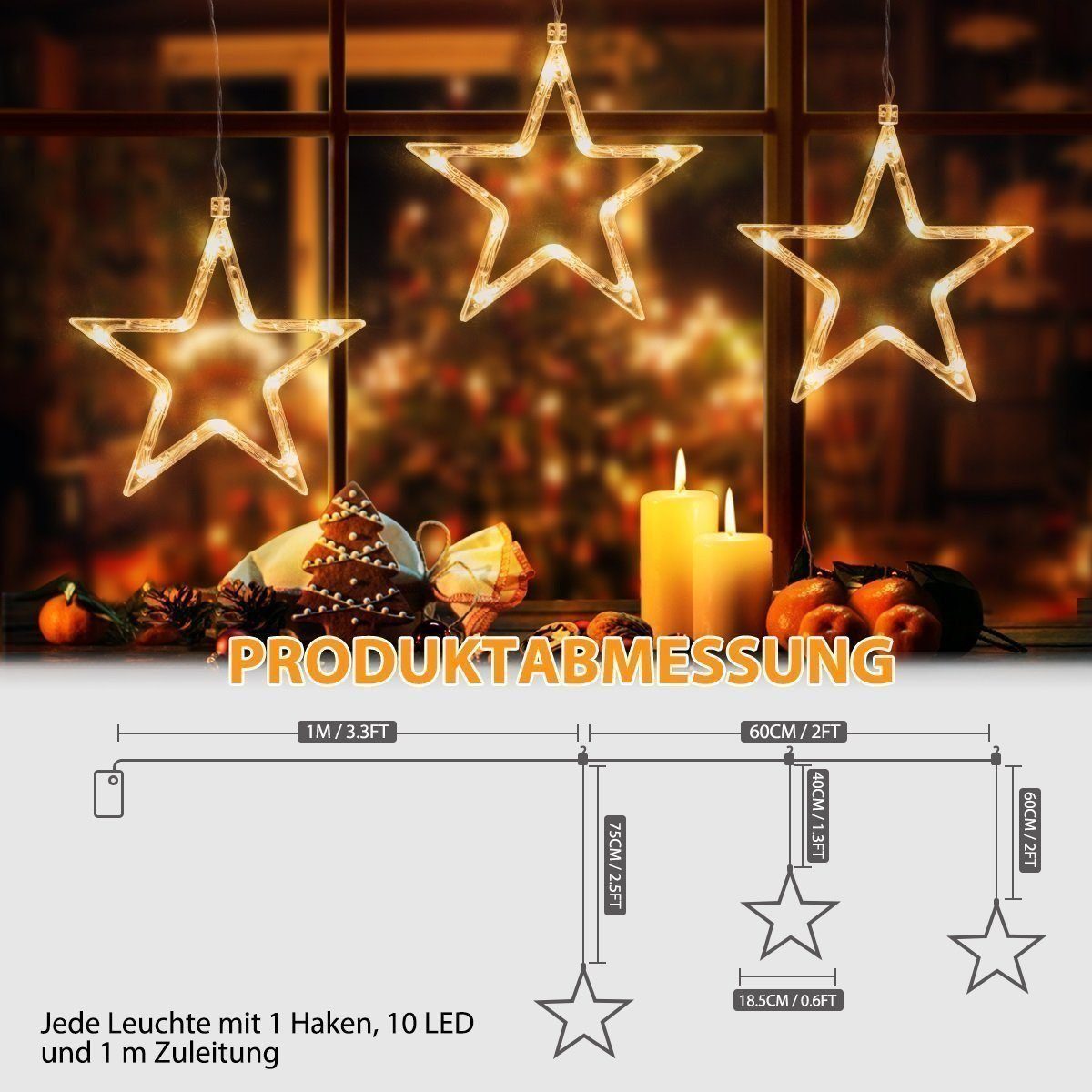 Quntis LED-Lichterkette Weihnachtsdeko Fenster Stern, beleuchtete Weihnachtsbeleuchtung, Lichterkette Sterne mit Timer Innen/Außen, Weihnachtsstern Fensterdeko – Bild 4 von 5
