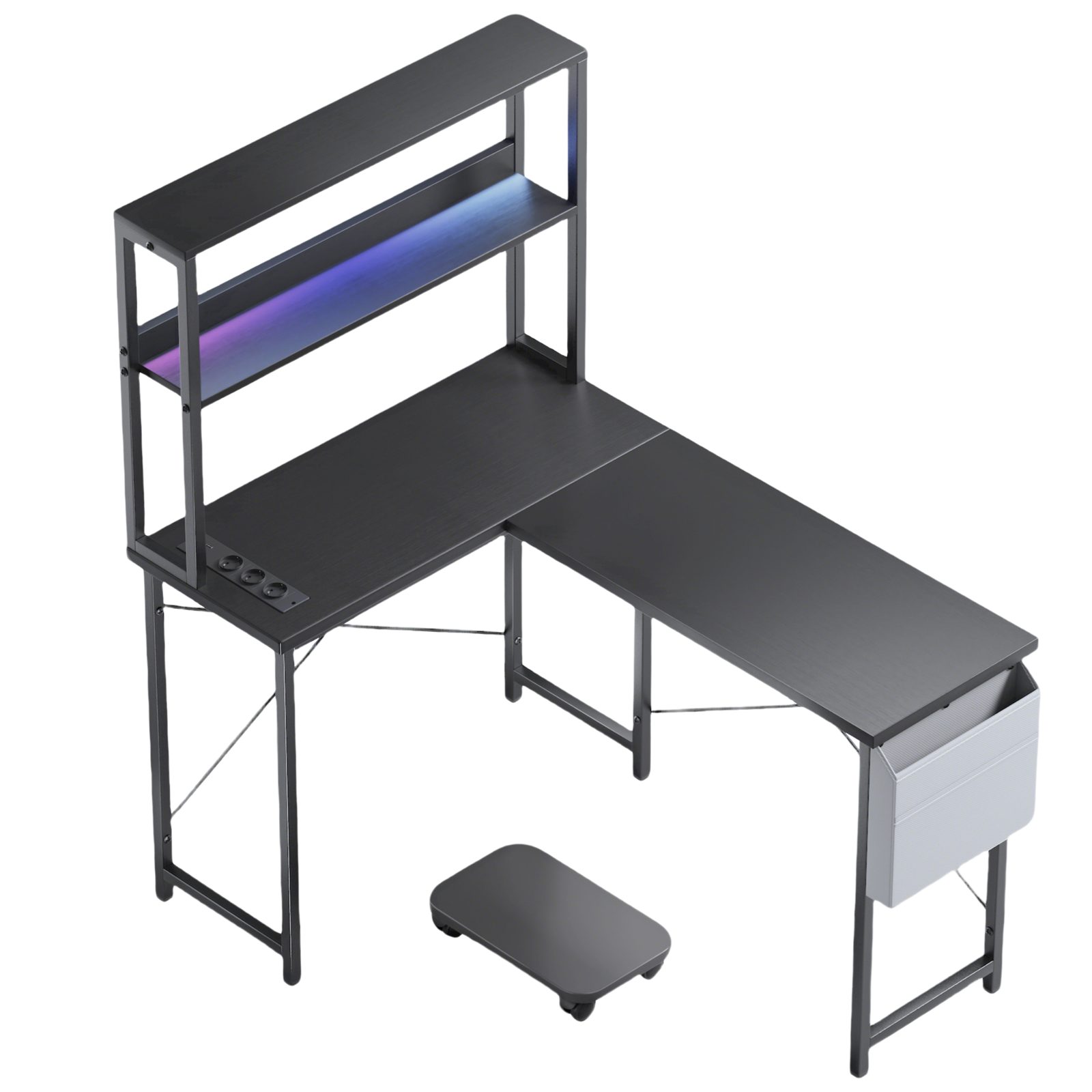 BBWL Computertisch Doppelstock-Computertisch mit RGB-LED, integrierter Steckdosenleiste, 15 mm Spanplatte P2, PVC-Kanten und flexiblem PC-Halter