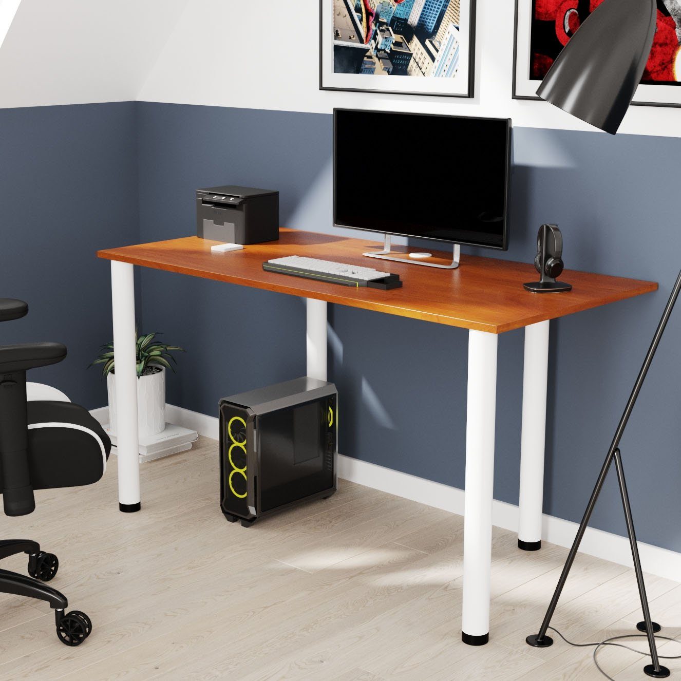 AKKE Schreibtisch, Schreibtisch mit Kabeldurchführung und weißen Beinen 2mm PVC Locarno