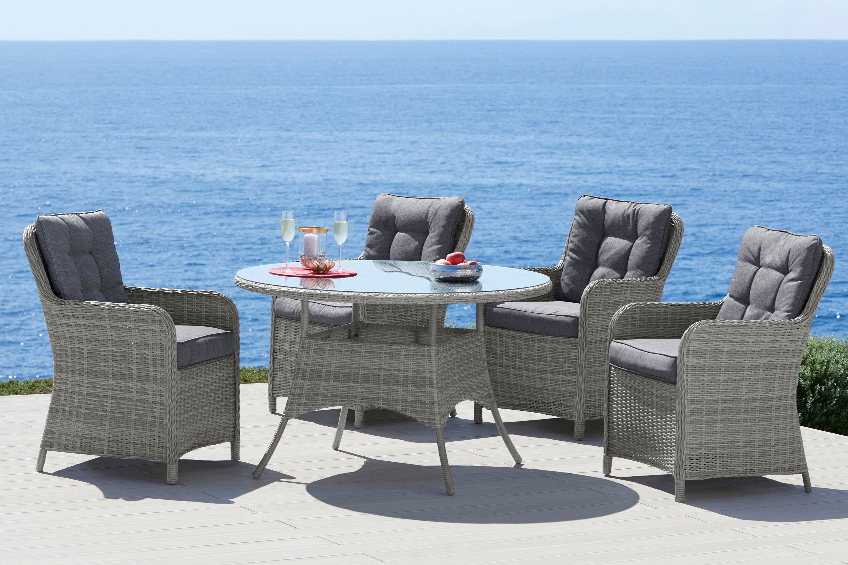 KONIFERA Garten-Essgruppe Menorca, (Set, 13-tlg., 4x Sessel, 1x Tisch ØxH: 120x75cm, inkl. Auflagen), Polyrattan, Aluminium, Tischplatte aus 5mm starkem Sicherheitsglas