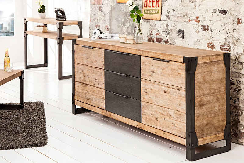 riess-ambiente Sideboard FACTORY 180cm teakgrau weiß / dunkelgrau (Einzelartikel, 1 St), Wohnzimmer · Massivholz · Echtholzfurnier · 3 Schubladen · Industrial