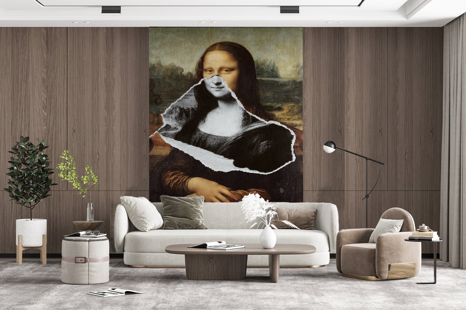 (3 Vinci, St), Lisa Vinyl Montagefertig Wohnzimmer, für MuchoWow Fototapete Matt, - Mona bedruckt, - Schwarz Tapete weiß Wandtapete Da und