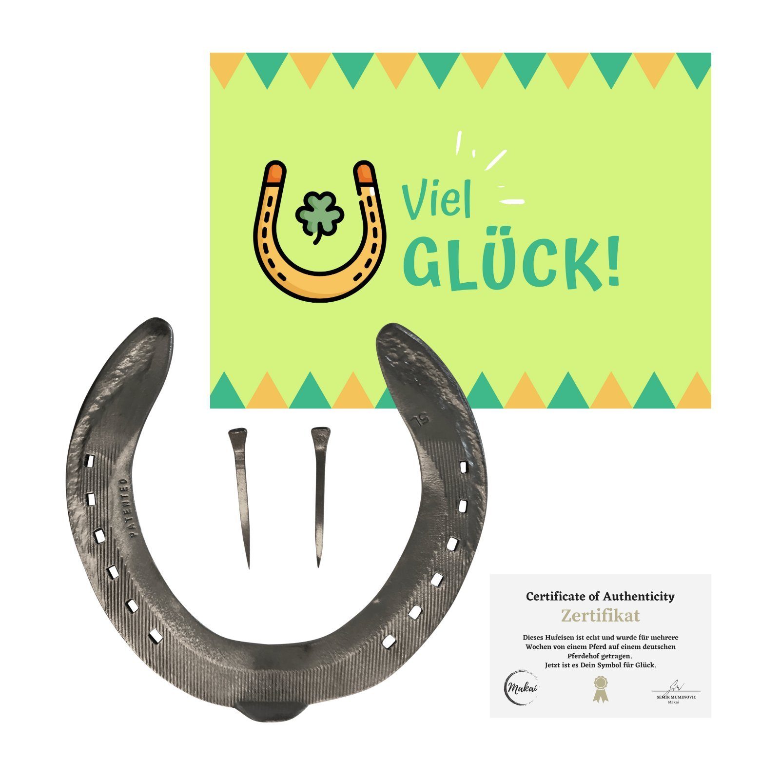 Makai Glückwunschkarte echtes Pferdehufeisen original getragenes Hufeisen, mit Echtheitszertifikat Postkarte zum Verschenken mit 2 Hufnägeln