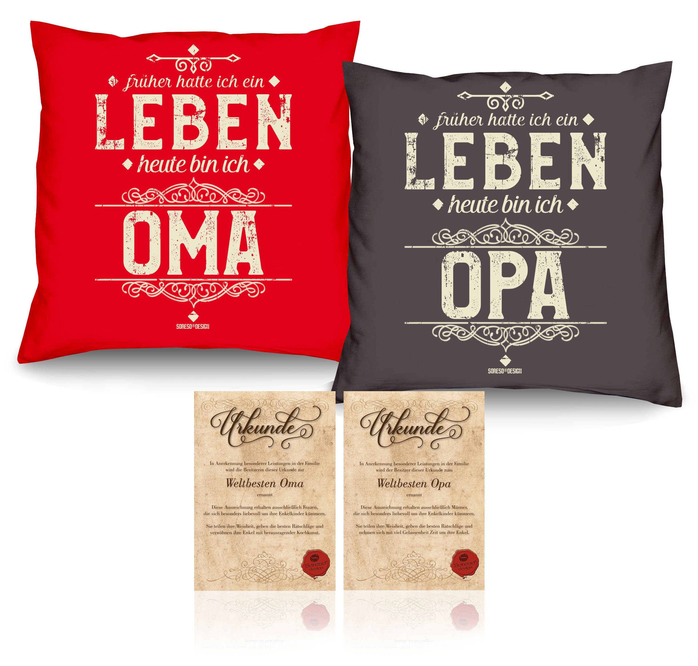 Soreso® Dekokissen Kissen-Set Heute bin ich Oma Heute bin ich Opa mit Urkunden, Geschenk Oma & Opa Geschenke Mitbringsel anthrazit