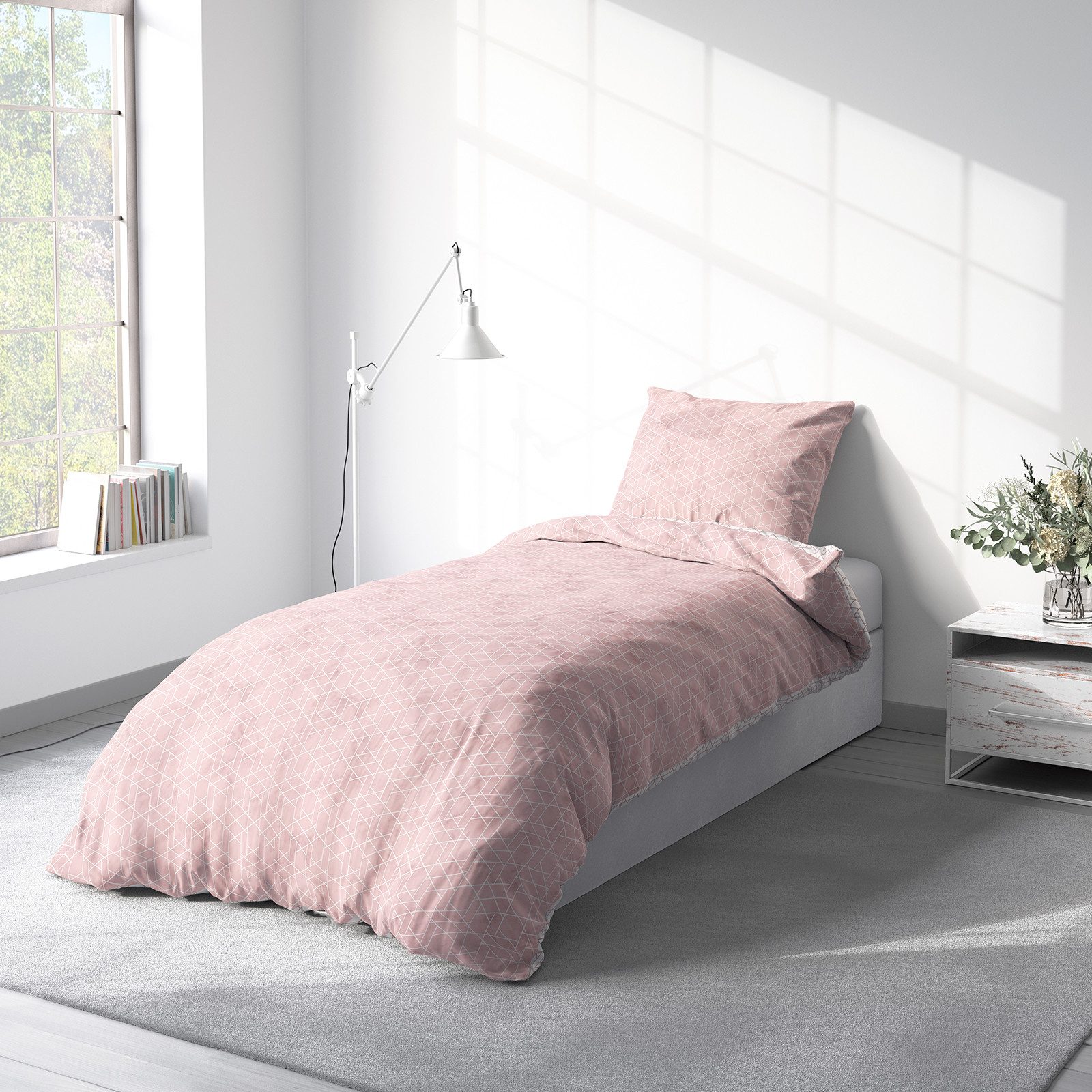Visaggio Bettwäsche 100% Baumwolle Bettbezug Set in 6 Größen fein gewebt, Renforcé, 2 teilig, modernes Rauten Design in Rosa Weiß