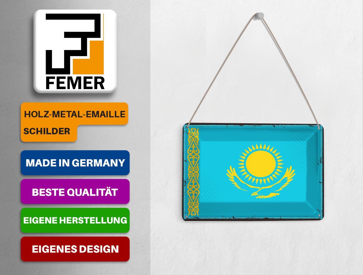 Femer GmbH Postkarte Flagge Kasachstans 14x10 cm Retro Kazakhstan, unfrankiert