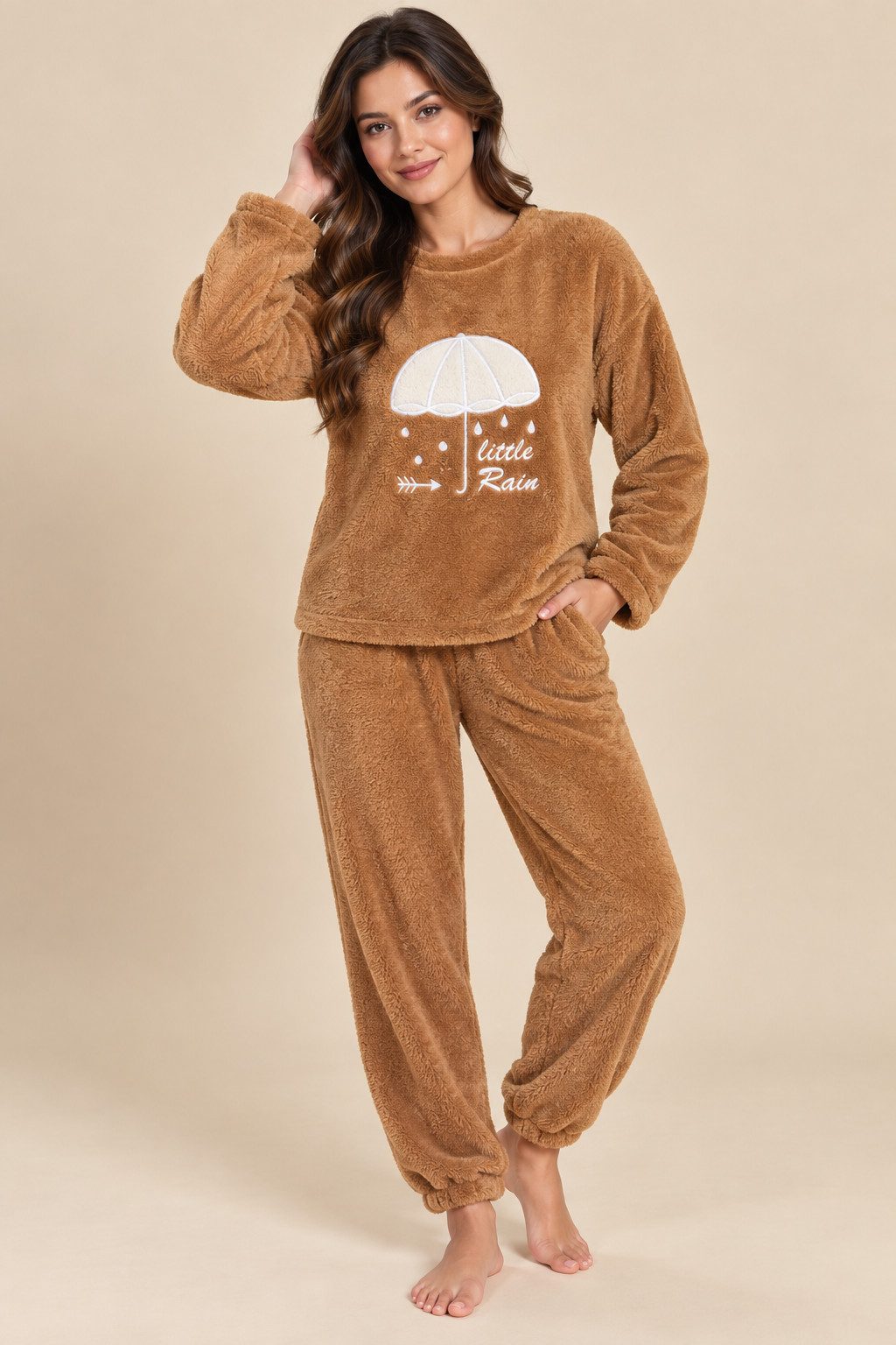 fashionshowcase Hausanzug Damen Winter Pyjama Set Schlafanzug Plüsch Zweiteiler weich