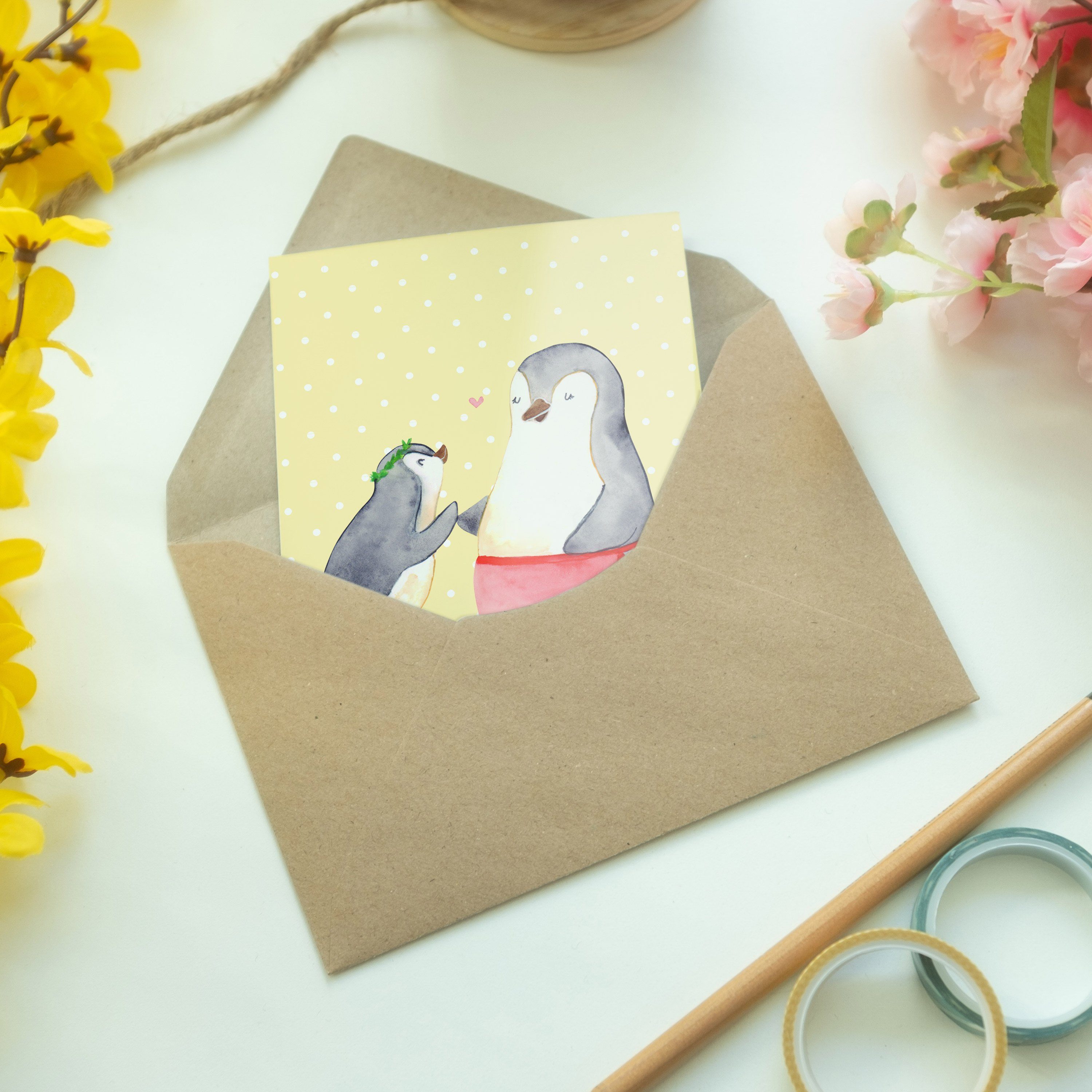 Mr. & Mrs. Panda Pastell Mama, Kind mit Gelb Geschenk, - - Einl Grußkarte Danke Pinguin Familie
