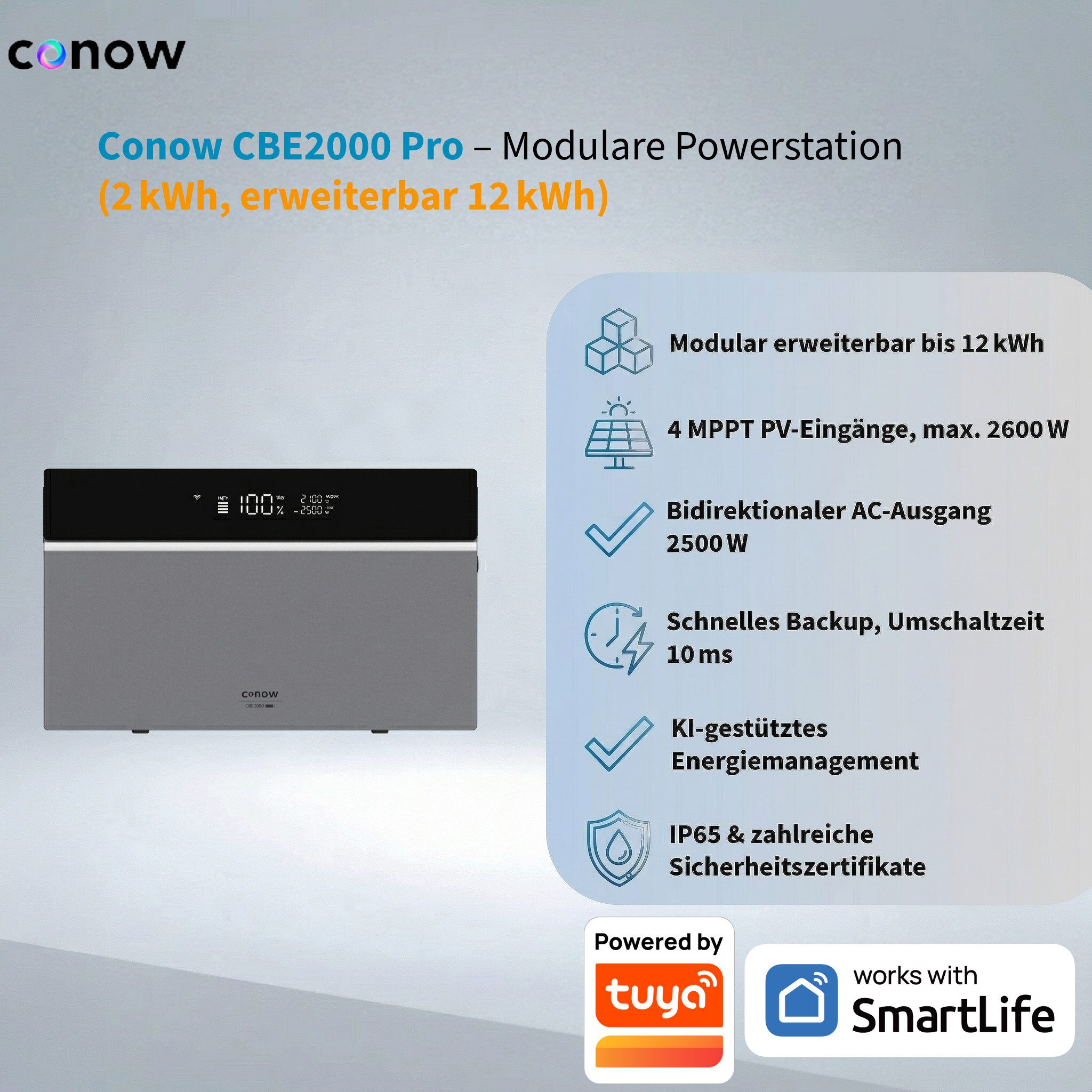 Conow Balkonkraftwerk Conow CBE2000 Pro All-in-one solarspeicher mit 5120Wh Zusatzakku IP65, (Set, Einzelgerät / Hauptgerät mit optionalen Erweiterungsbatterien), KI-Energiemanagement, 2kWh, 2500W 4 MPPT