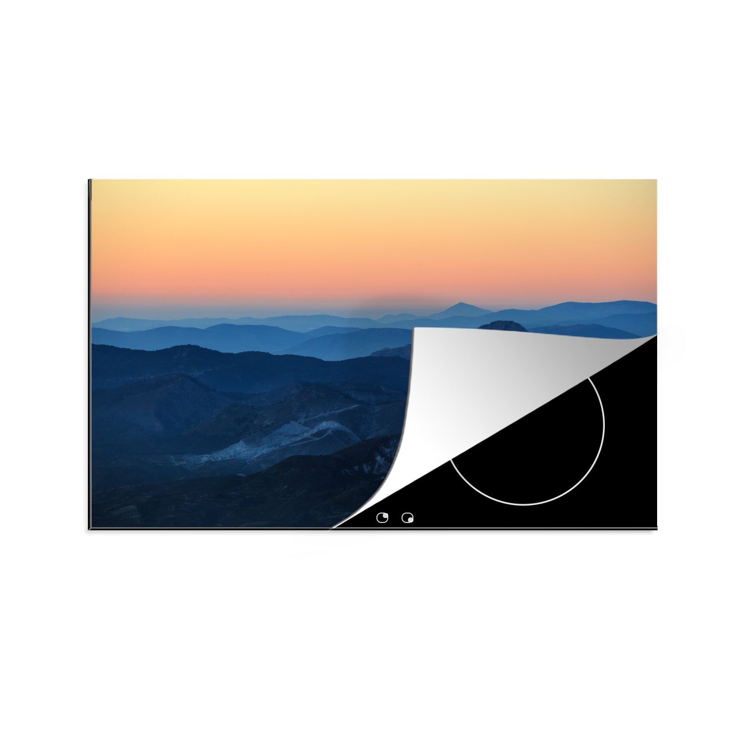 MuchoWow Herdblende-/Abdeckplatte Silhouetten von Bergen bei Sonnenaufgang, Vinyl, (1 tlg), 81x52 cm, Induktionskochfeld Schutz für die küche, Ceranfeldabdeckung
