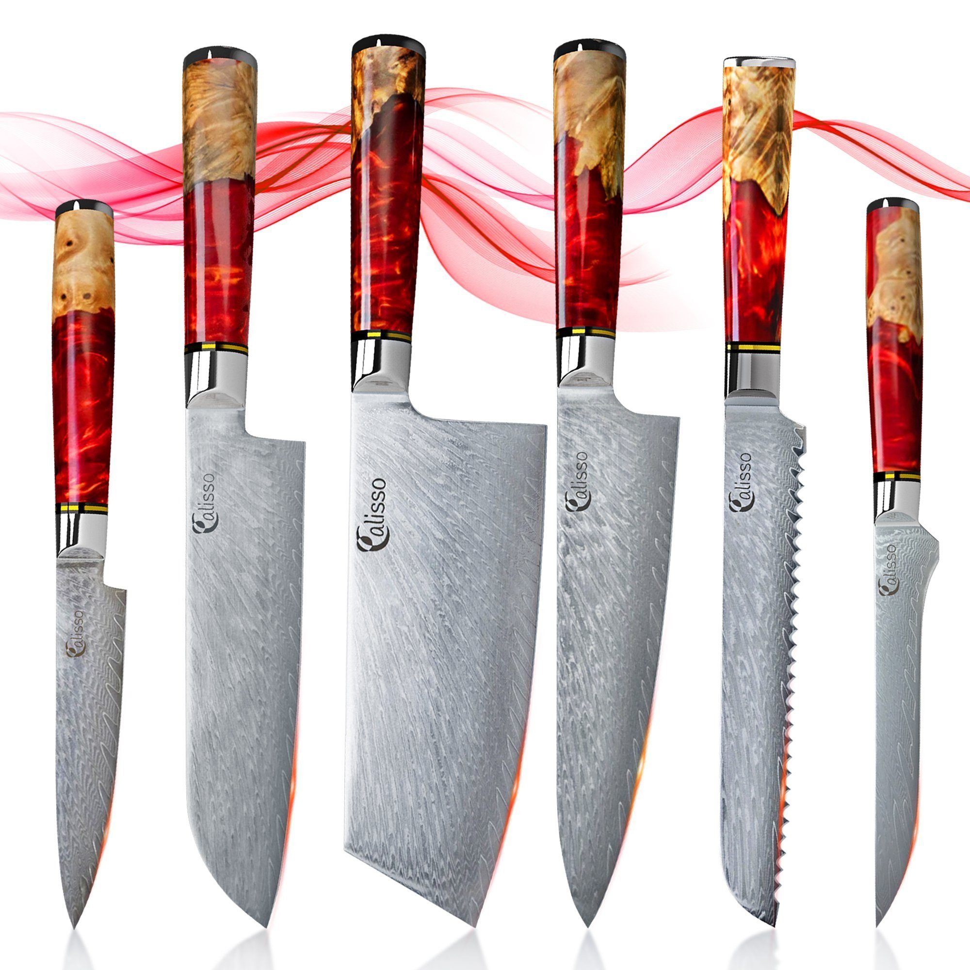 Calisso Messer-Set Ruby Line Küchenmesser Damastmesser Messerset (Advanced Set, 6-tlg), Damaszener Messer