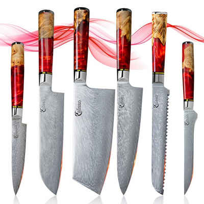 Calisso Messer-Set Ruby Line Küchenmesser Damastmesser Messerset (Advanced Set, 6-tlg), Damaszener Messer