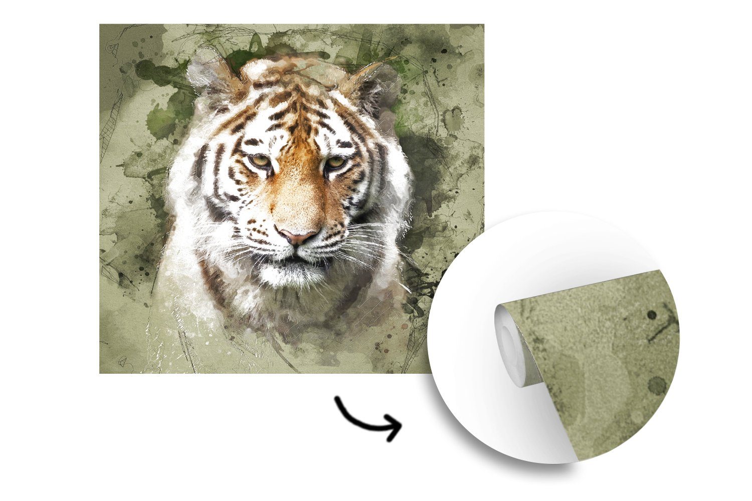 bedruckt, Matt, Fototapete St), Aquarell - - Grün, Tiger Schlafzimmer, Wandtapete für Tapete Vinyl oder MuchoWow (5 Wohnzimmer