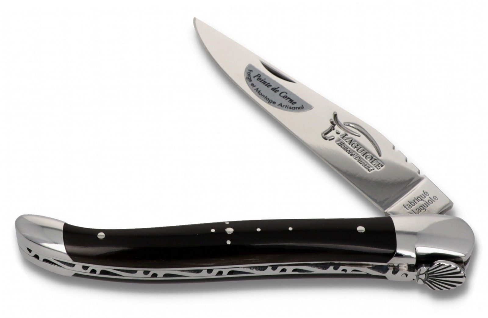 Laguiole Honoré Durand Taschenmesser 2LA112IB2CJT12PCO0 NOIR, "Pilgermesser" - Griff 12cm Hornspitze - Feder verziert - Stahl glanz