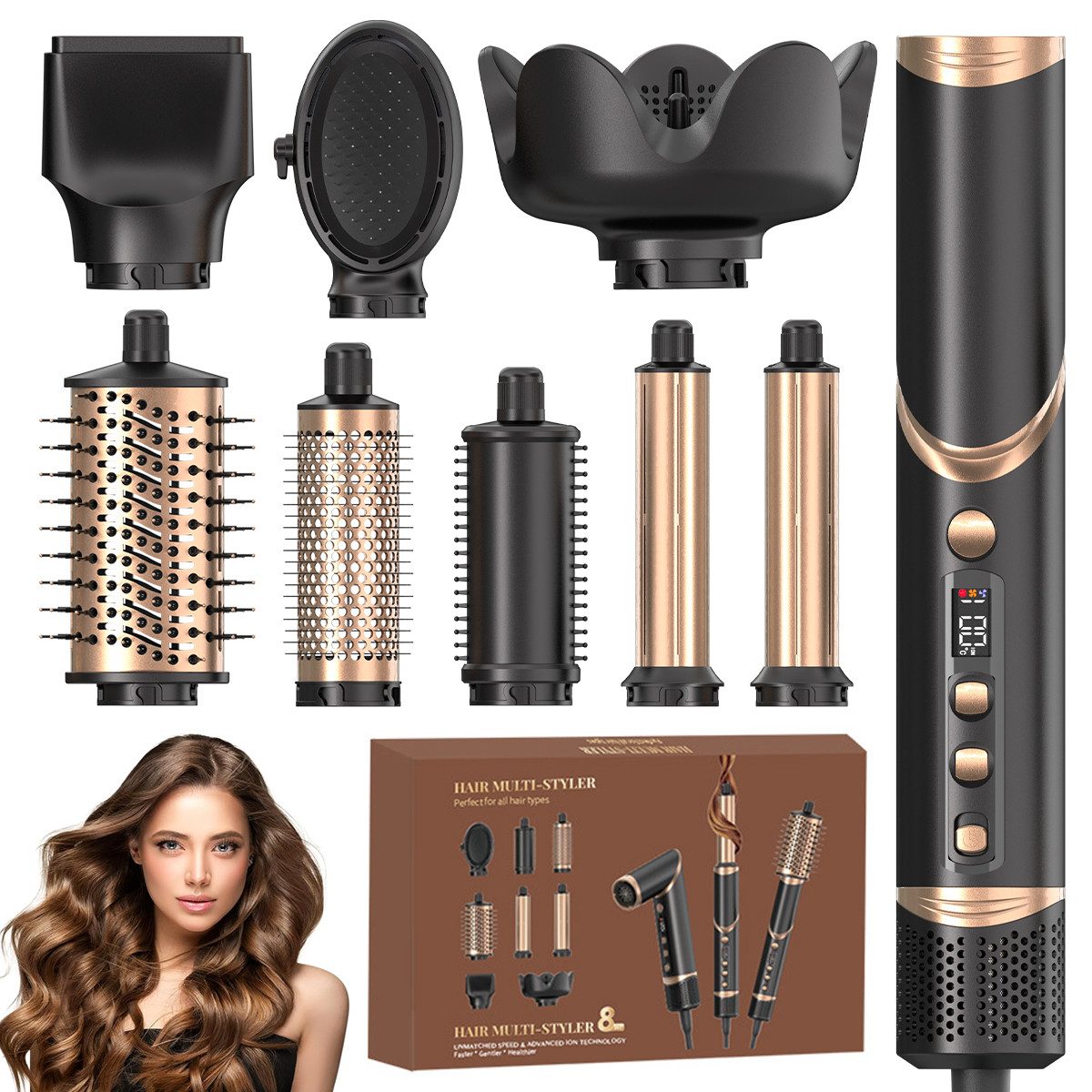 MOPUEA Multihaarstyler Multihaarstyler Haarstyler 8-in-1 Haarstyler und Föhn Europäische Norm, mit LCD-Anzeige zusammenklappbare Griff und Überhitzungsschutz