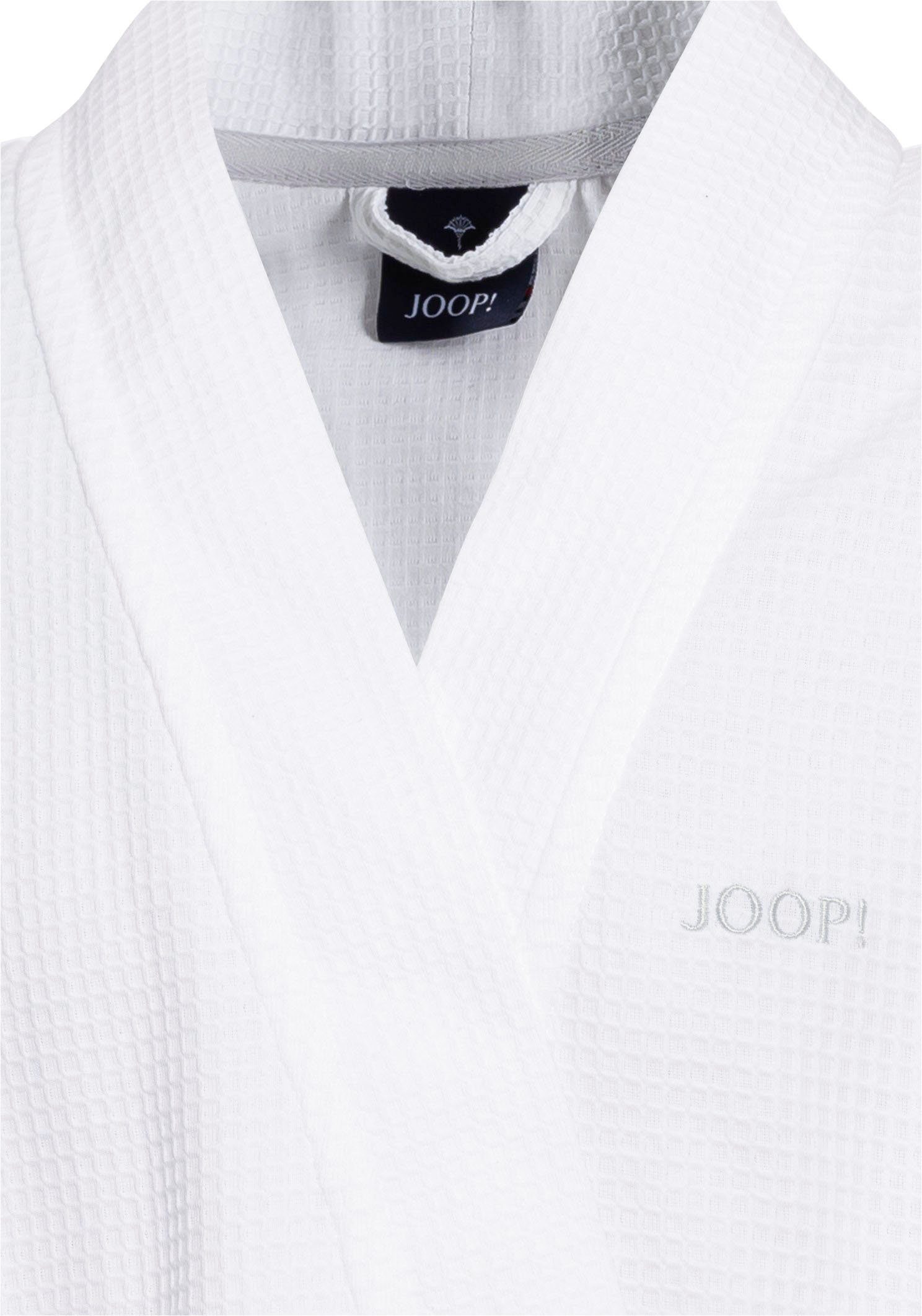 Joop! Kimono-Kragen, Kurzform, Herrenbademantel Logo-Stick kontrastigem Baumwolle, UNI-PIQUÉ, mit Gürtel, weiß
