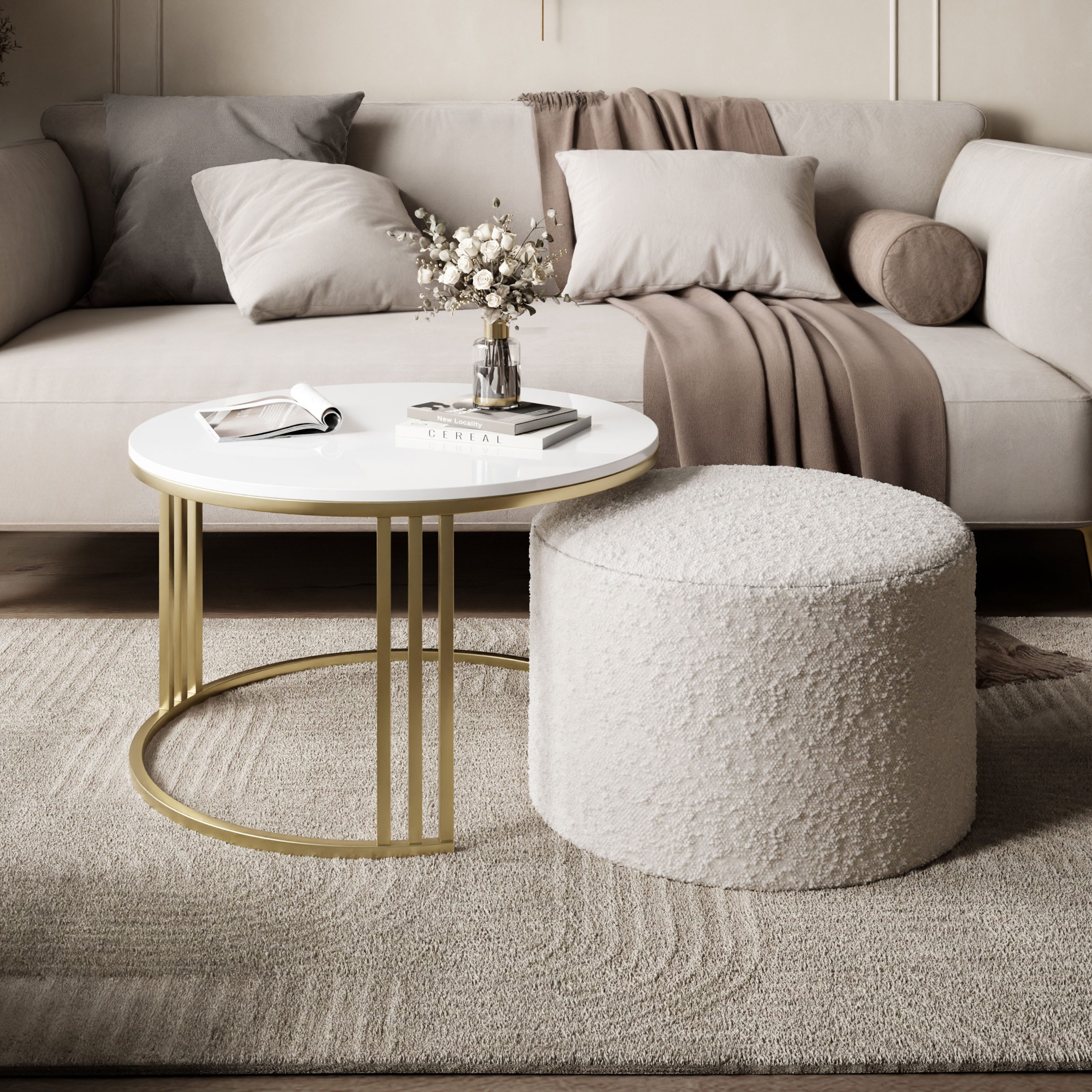 Lookway Couchtisch LORI HOCHGLANZ mit Hocker auf einem gebürsteten goldenen Gestell (1 Tisch mit Hocker), Durchmesser: ⌀70 cm