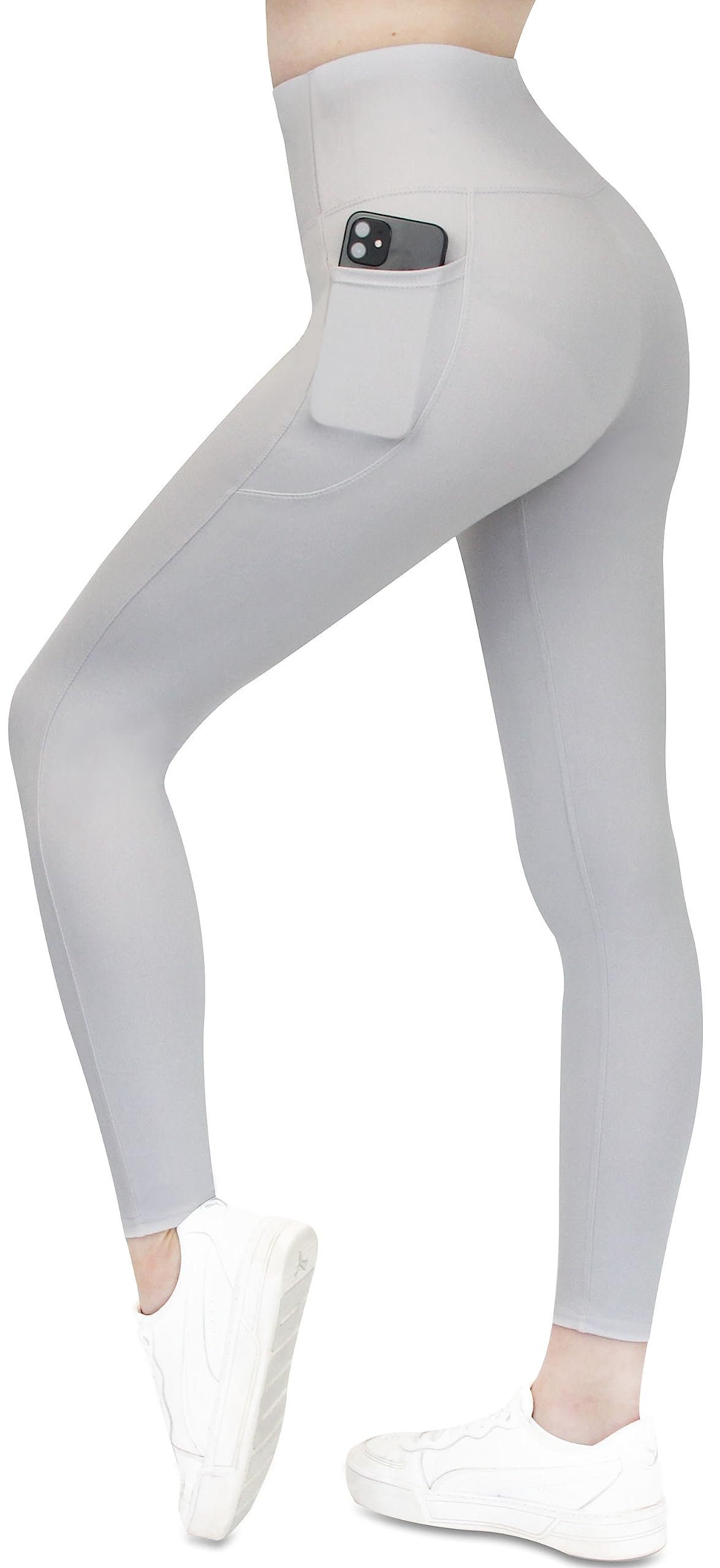 Komfort (High Farben) hohem Lange Taschen Leggings Frentree Hellgrau Sporthose, für in mit Laufhose Waist, mit vielen Damen, Yogaleggings