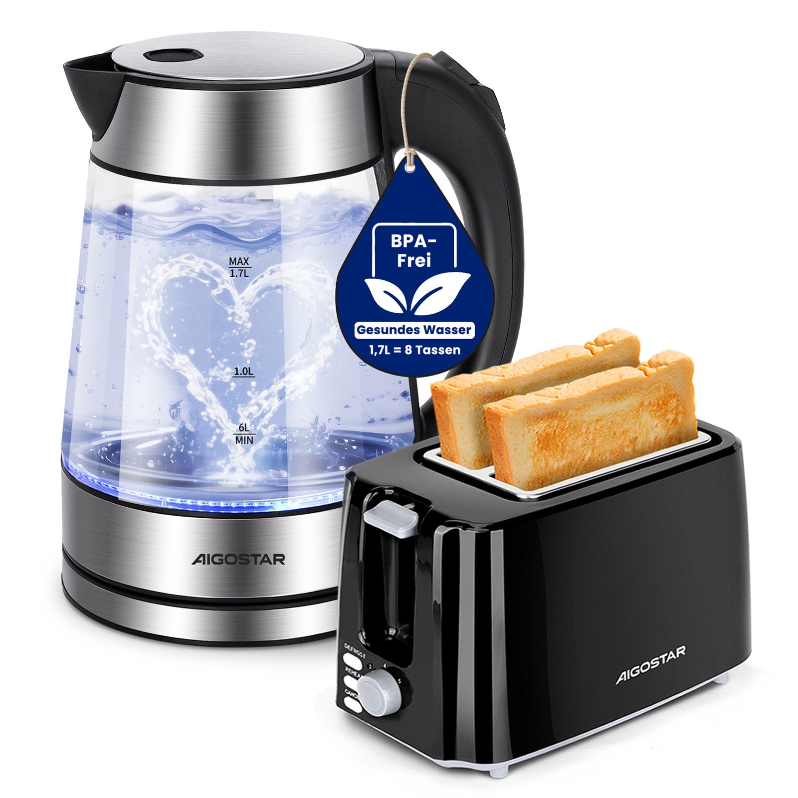 Aigostar Frühstücks-Set (2-tlg), Wasserkocher 1,7L / 2-Scheiben Langschlitz Toaster, Schwarz